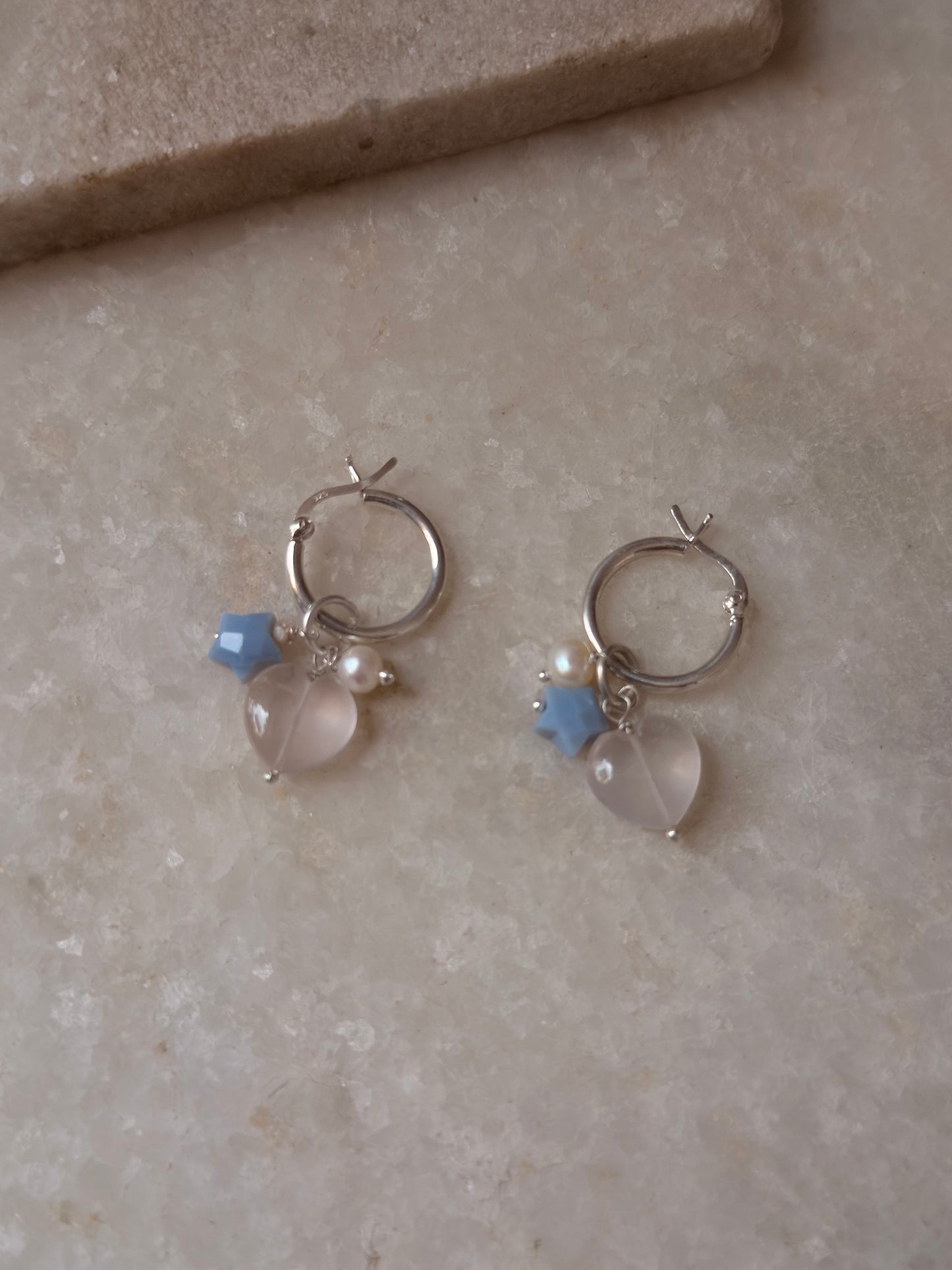 925 Sterling Silver Rose Quartz Heart, Opal Star and Fresh Water Pearl Handcrafted Hoops