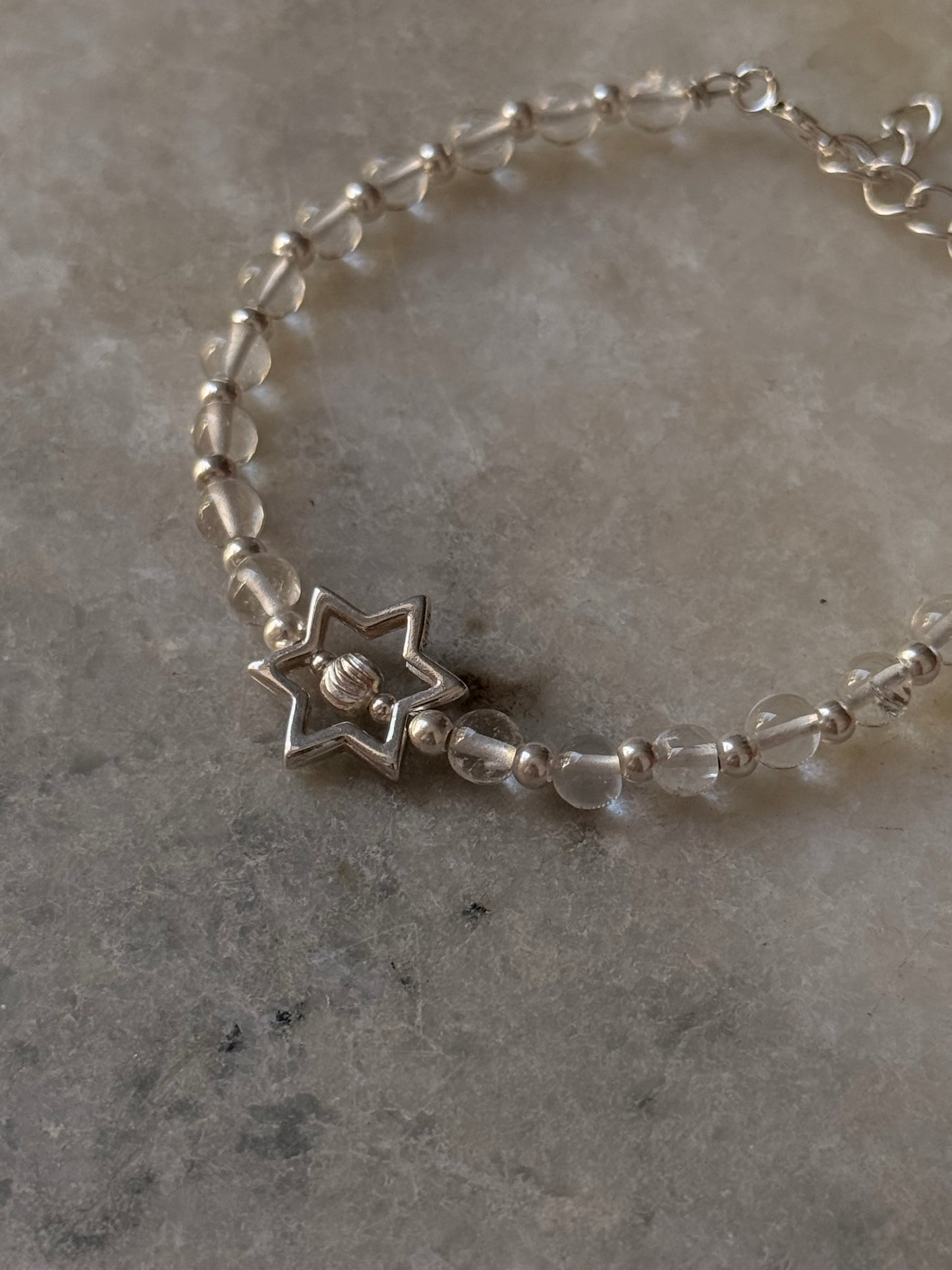 925 Sterling Silver Clear Quartz 4mm Silver Star Charm and Silver Disco Beads Bracelet - Beaded in Pure Silver 925 Wire