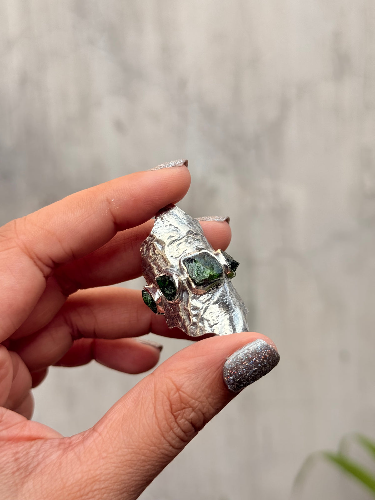 925 Sterling Silver Green Tourmaline Raw Uncut Molten Textured Statement Handcrafted Ring
