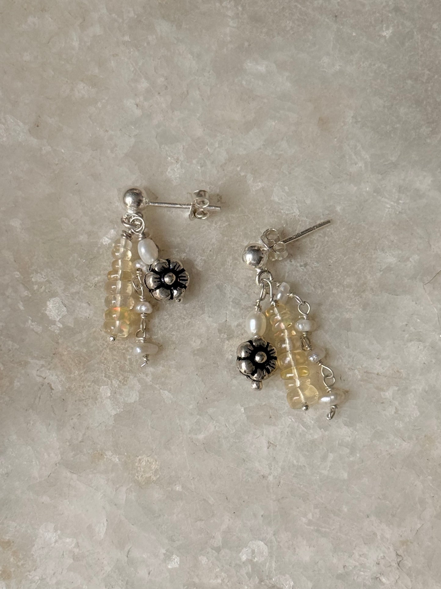925 Sterling Silver Ethiopian Opals & Fresh Water Pearls Hand beaded , Floral Charm Handcrafted Studs Earrings