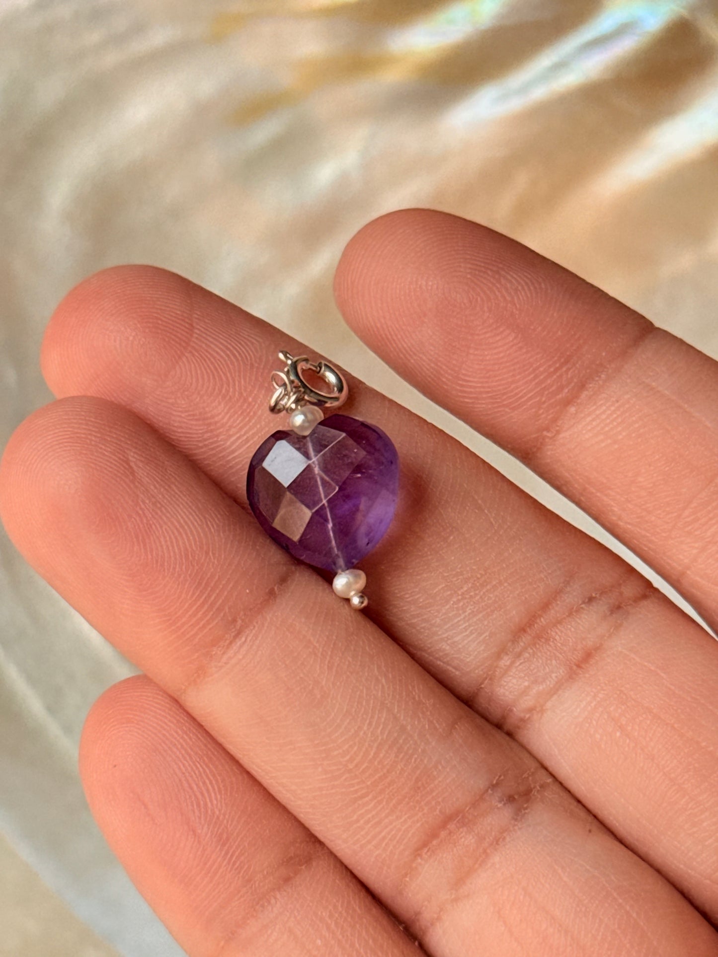 925 Sterling Silver Amethyst Heart with Pearl Crystal Charm