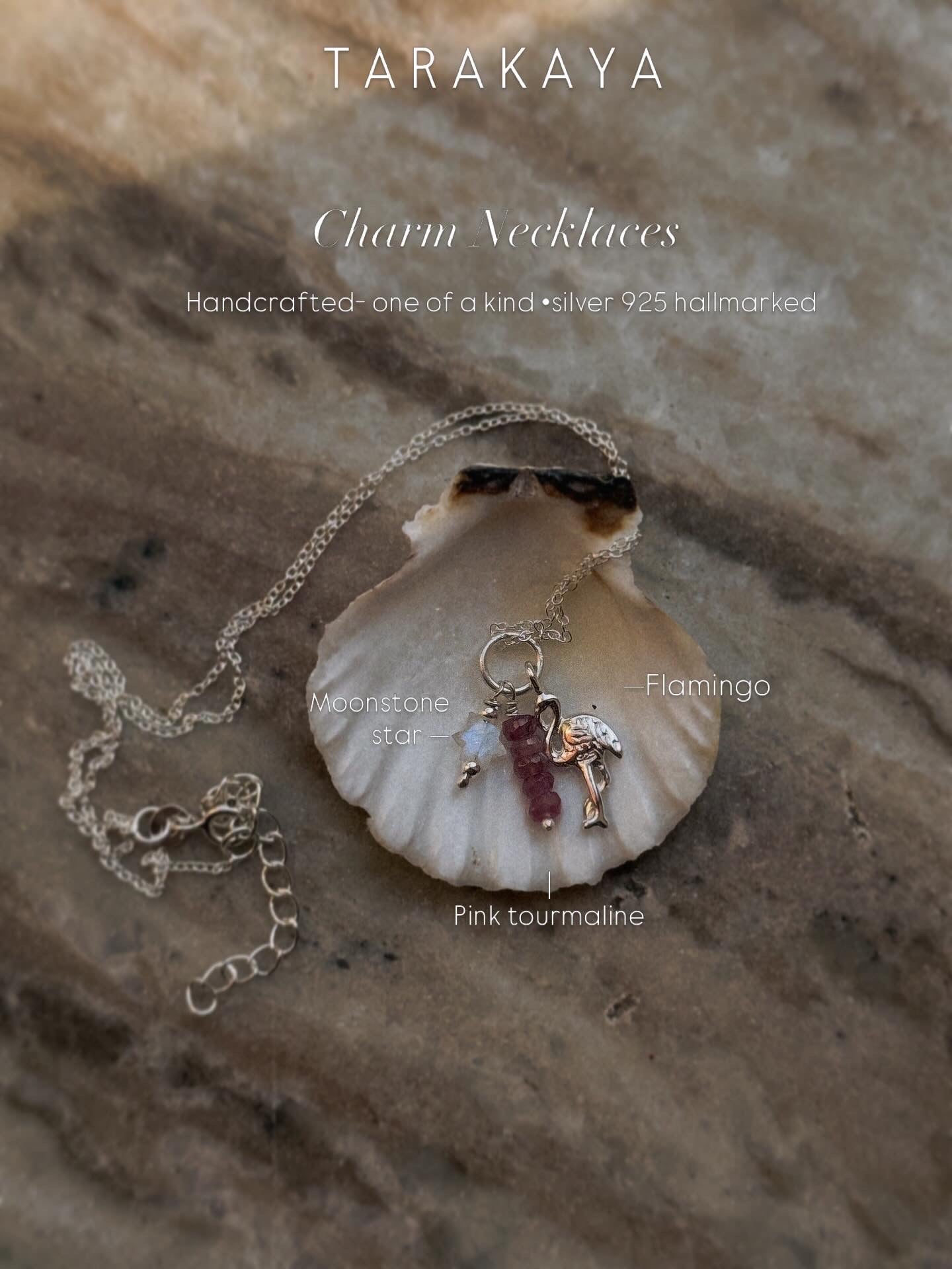 925 Sterling Silver Pink Tourmaline, Moonstone Star & Flamingo Charm Handcrafted Necklace