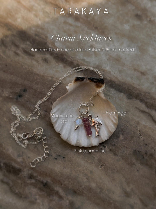 925 Sterling Silver Pink Tourmaline, Moonstone Star & Flamingo Charm Handcrafted Necklace