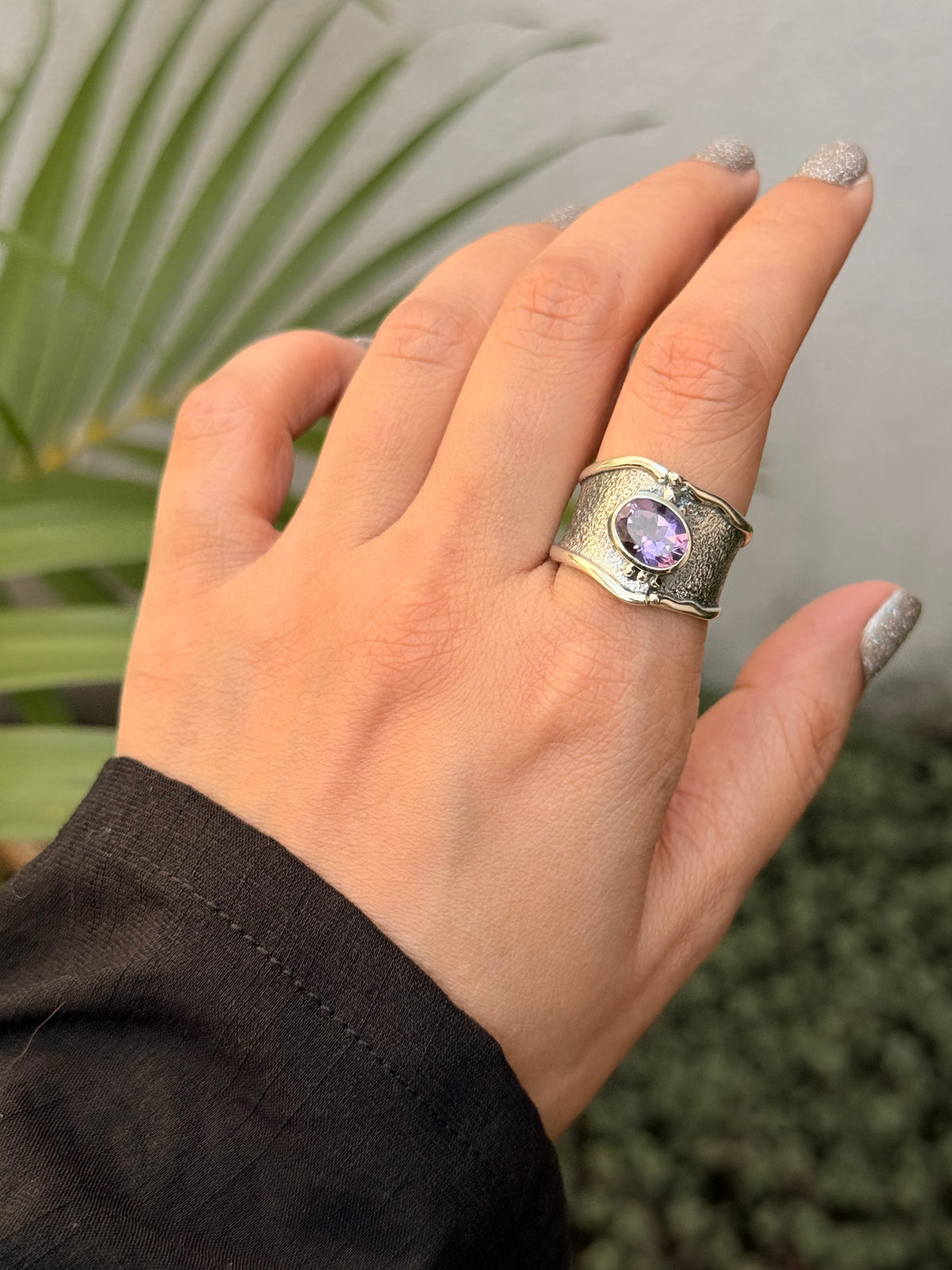 925 Sterling Silver Amethyst Textured Rustic Statement Handcrafted Ring