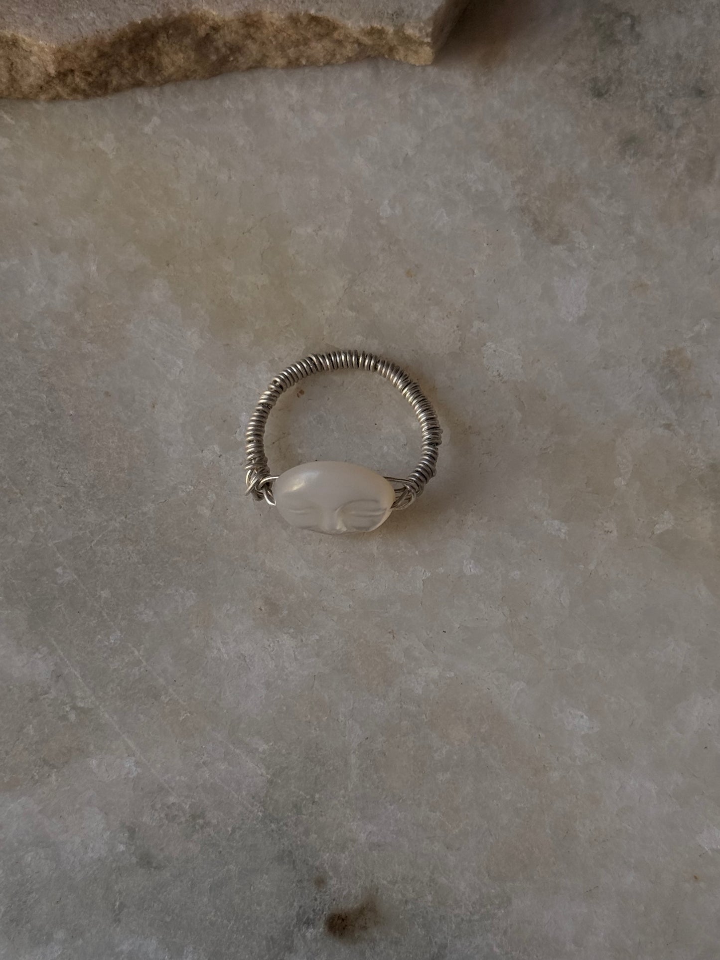 925 Sterling Silver Mother of Pearl Moon Face Wire Wrapped Handcrafted Ring
