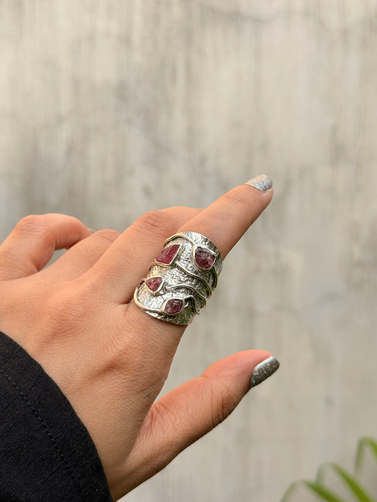 925 Sterling Silver Pink Tourmaline Raw Uncut Textured Rustic Handcrafted Ring