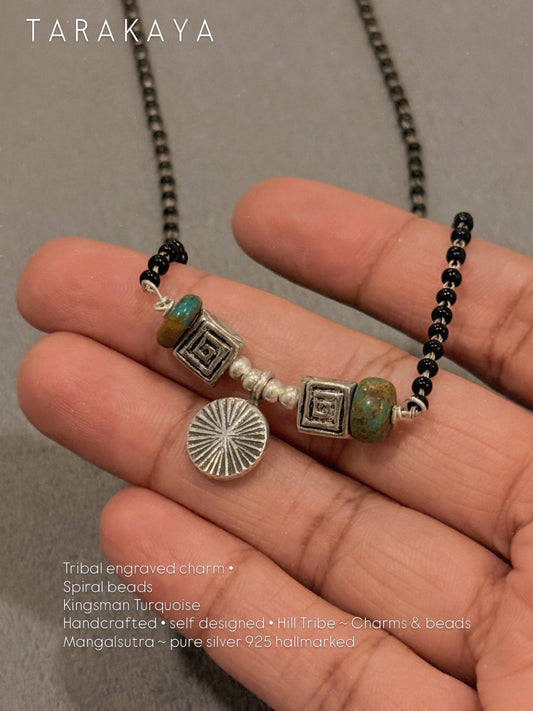 925 Sterling Silver Coin Kingsman Turquoise Handcrafted Hill Tribe One of a Kind - Mangalsutra