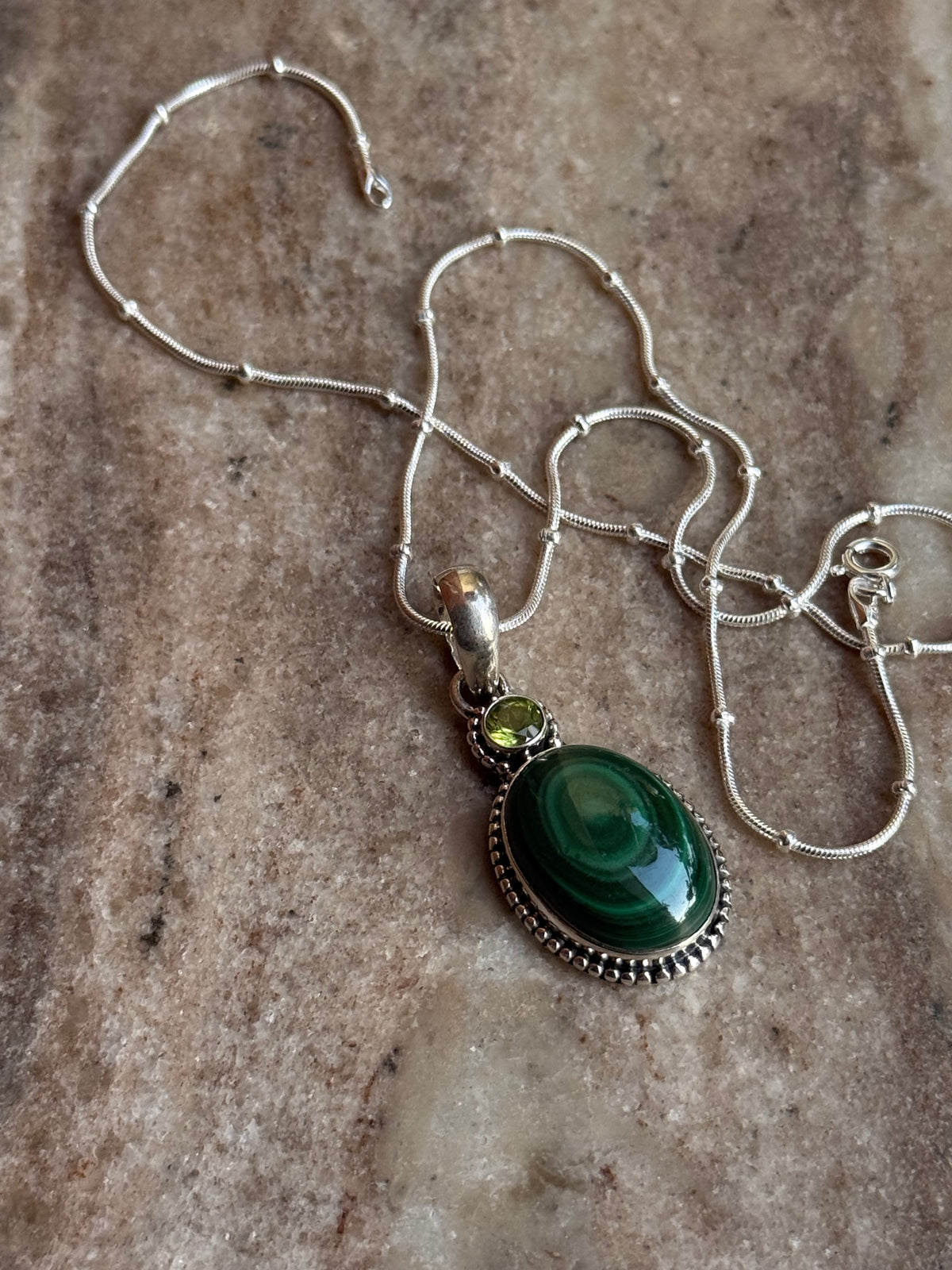 925 Sterling Silver Malachite Oval &  Peridot Round Faceted Handcrafted One of a Kind Pendant