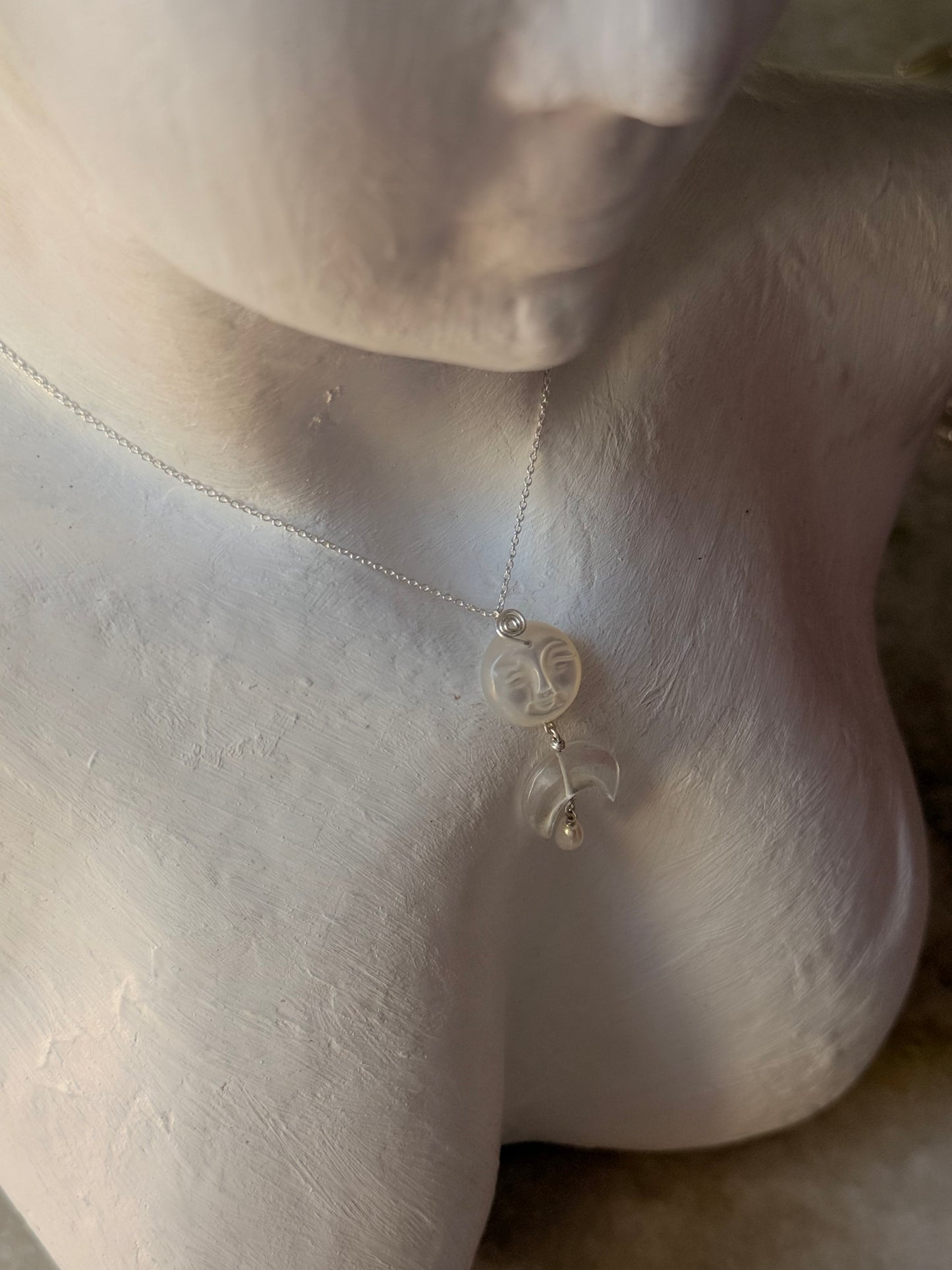 925 Sterling Silver Mother of Pearl Full Moon Face Spiral Carved, Clear Quartz Moon Handcrafted Necklace