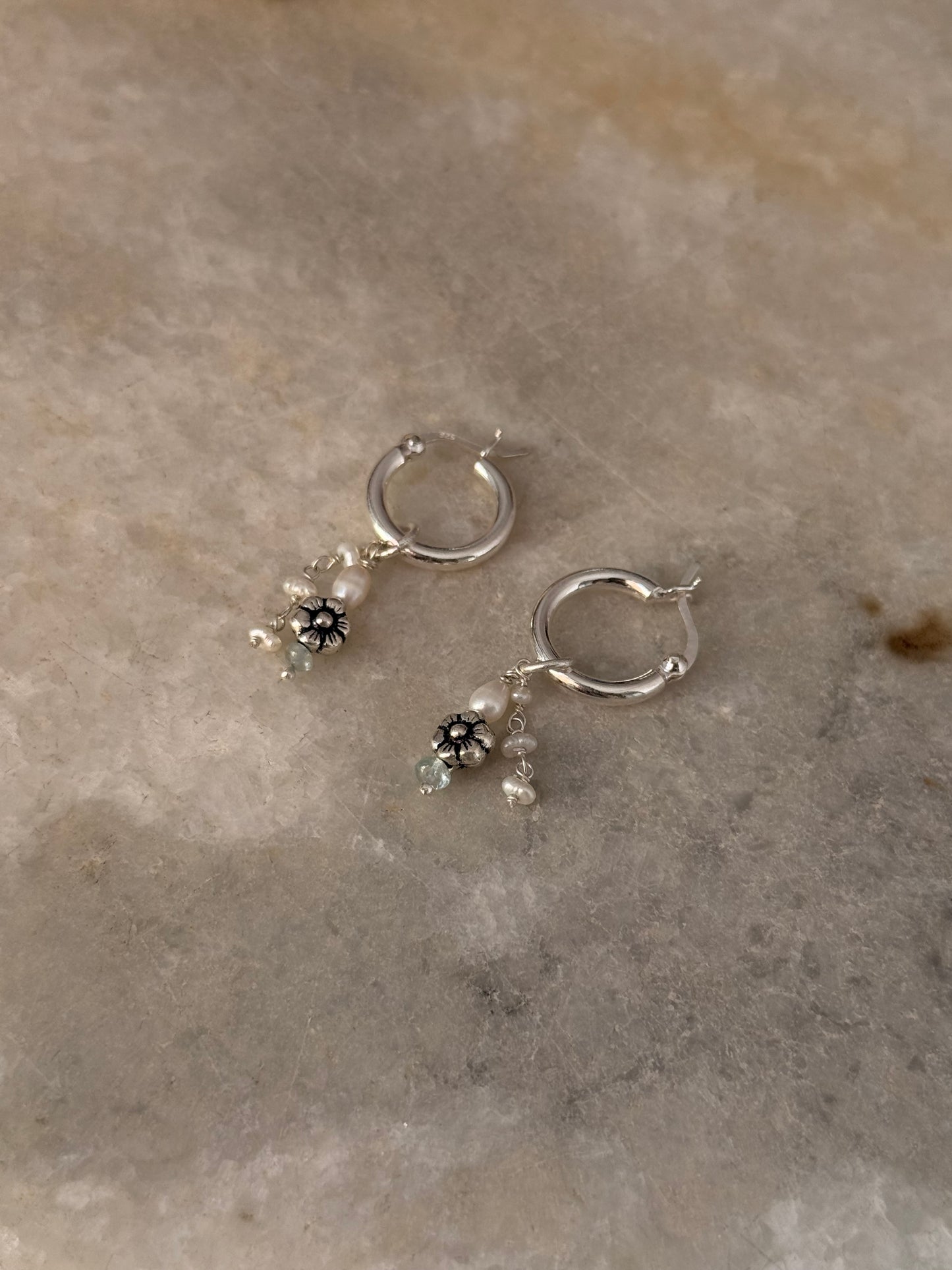 925 Sterling Silver Fresh Water Pearl, Aquamarine & Floral Hoops