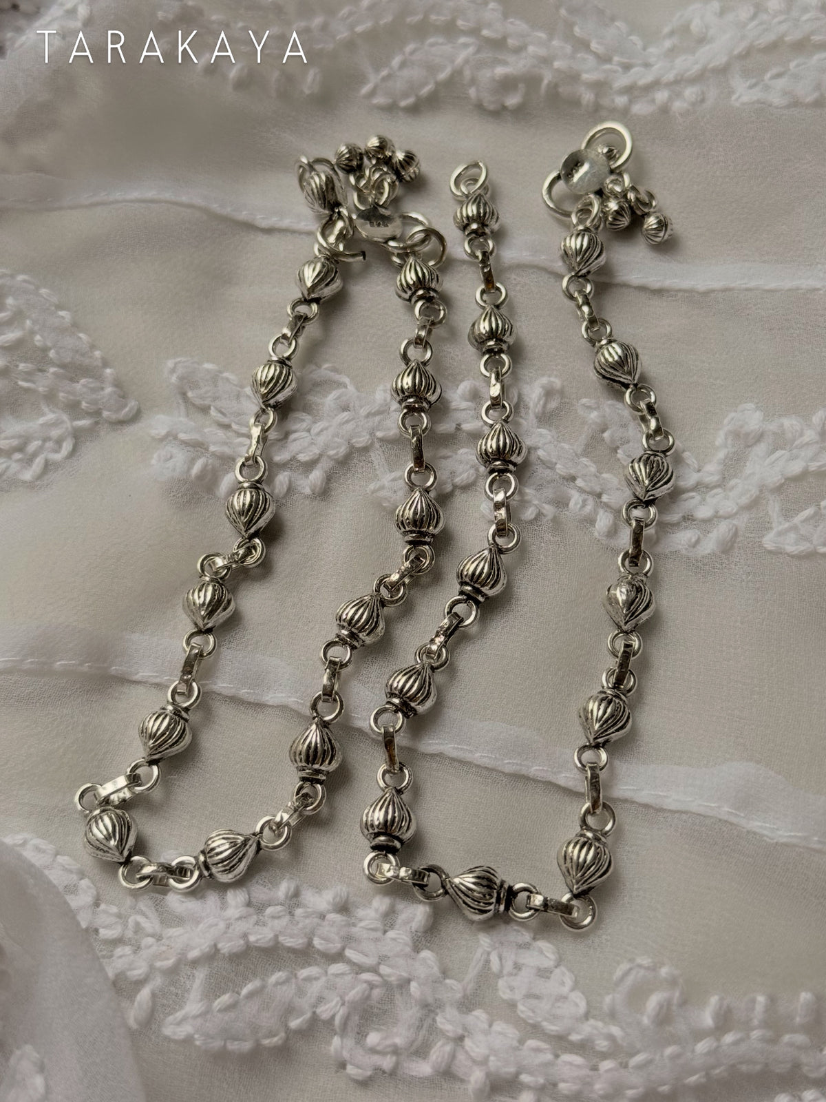 925 Sterling Silver Tribal Shell Textured Balls Handcrafted Anklet