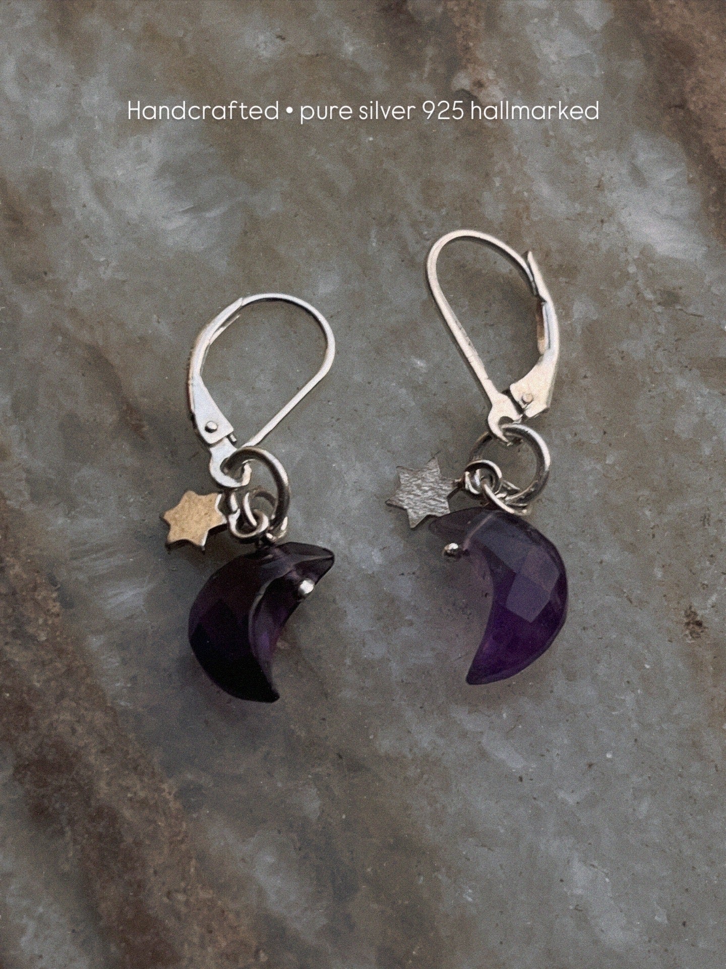 Celestial Amethyst Moon with Silver Star Lever Back Earrings