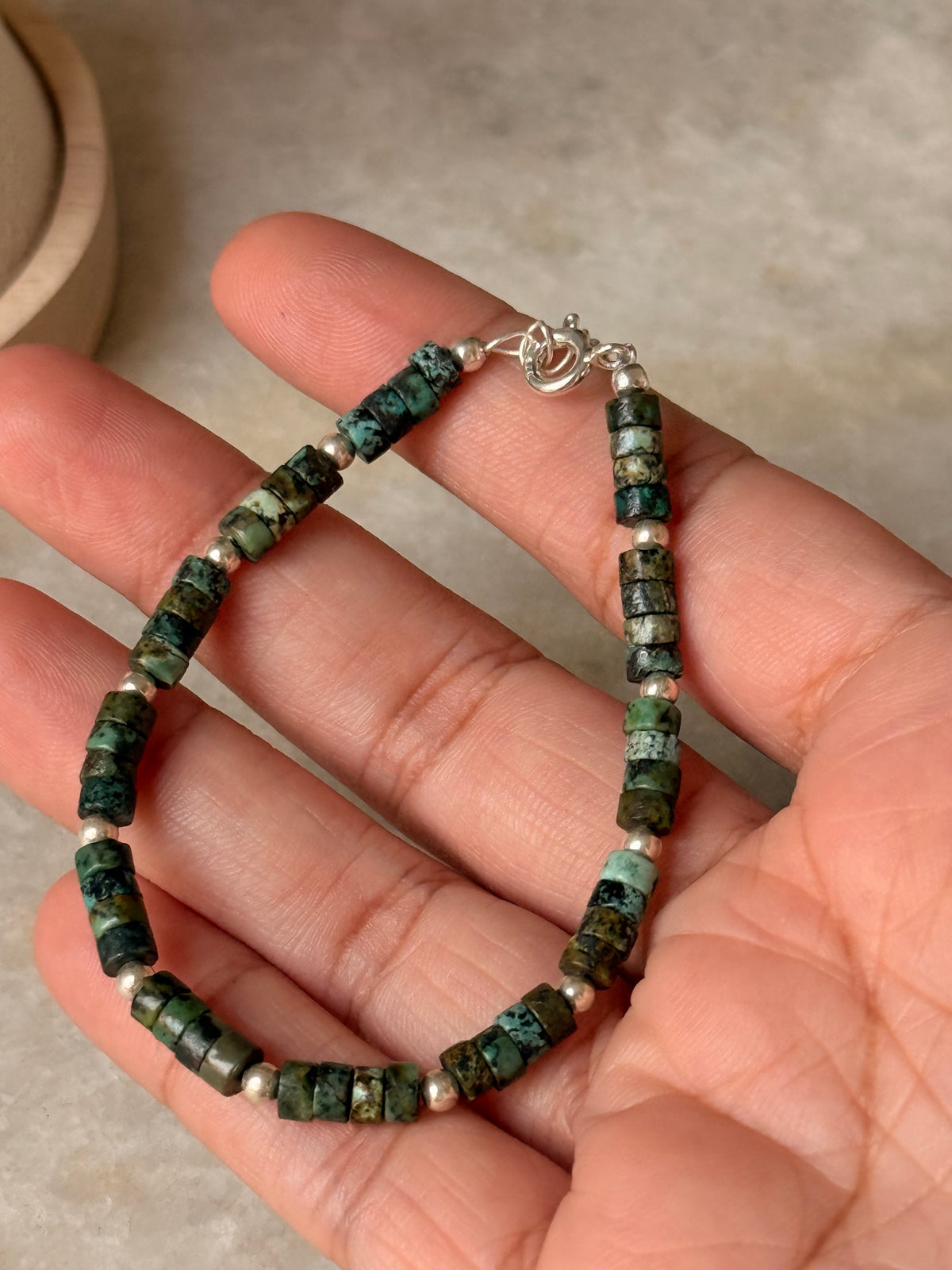 925 Sterling Silver African Turquoise Flat Tube Crystal Silver Balls Bracelet