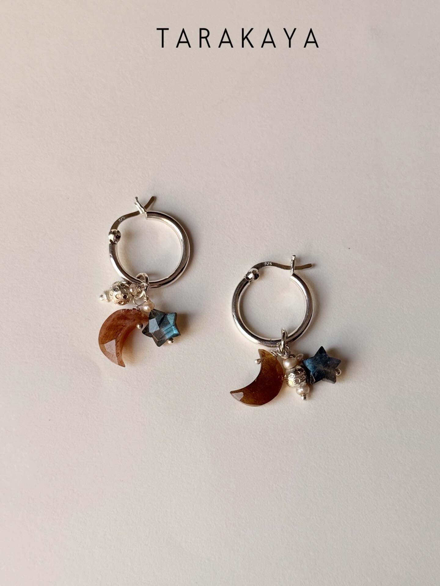 925 Sterling Silver Golden Moonstone Moon, Labradorite Star and Fresh Water Pearls with Silver Disco Beads Handcrafted Hoops