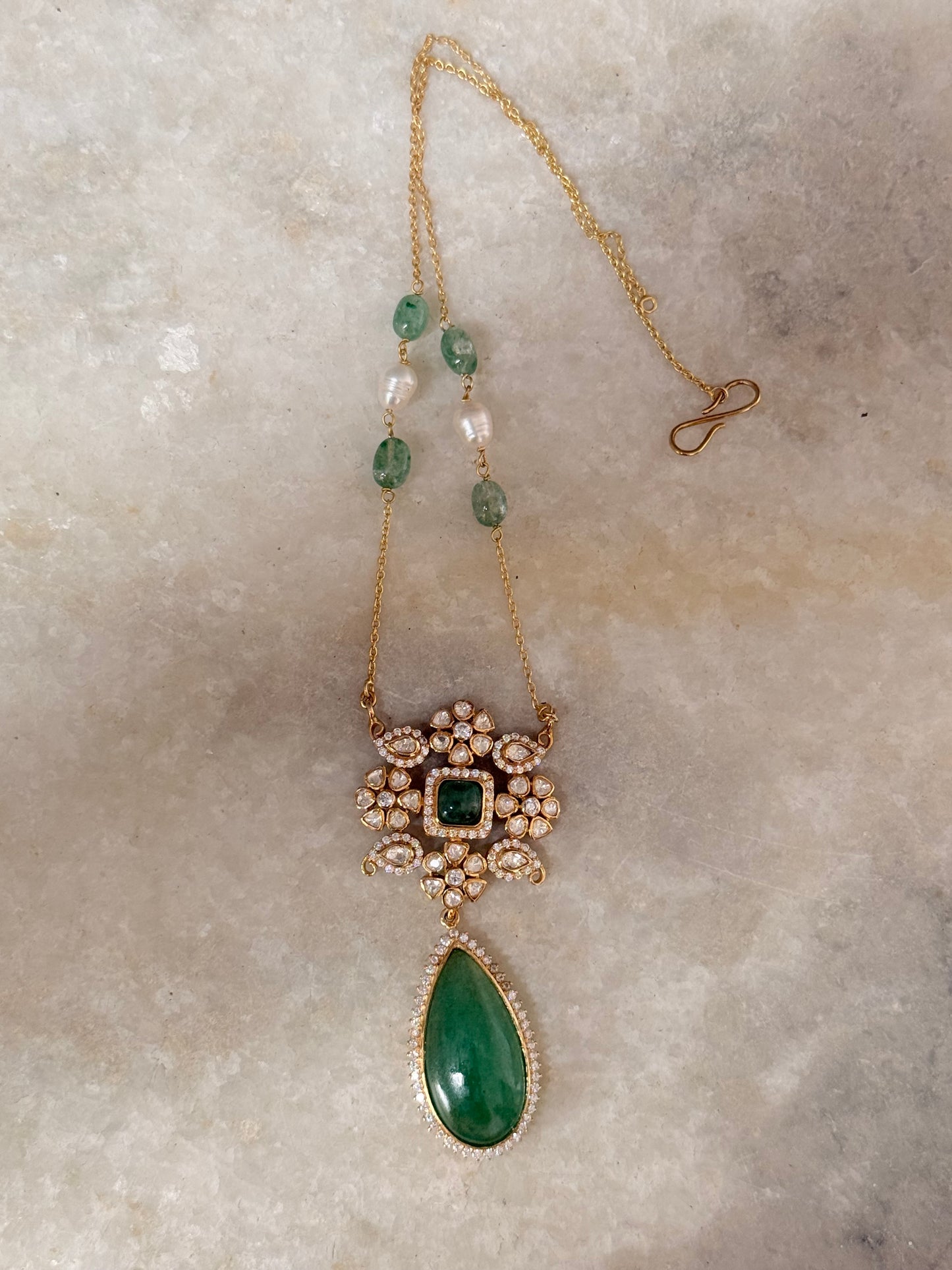 Antique Moissanite Polki Green Onyx Necklace with Freshwater Pearl Pear Drops in 925 Sterling Silver