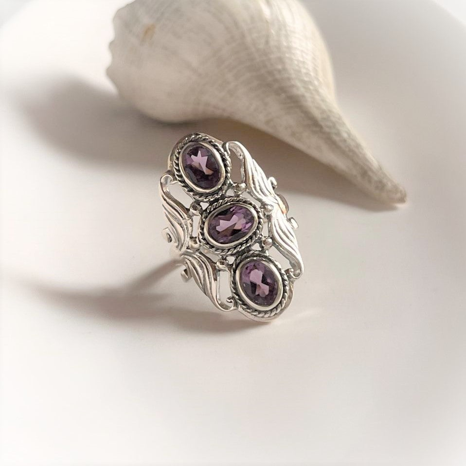 Amethyst Silver Ring with Three Stones for Spiritual Balance