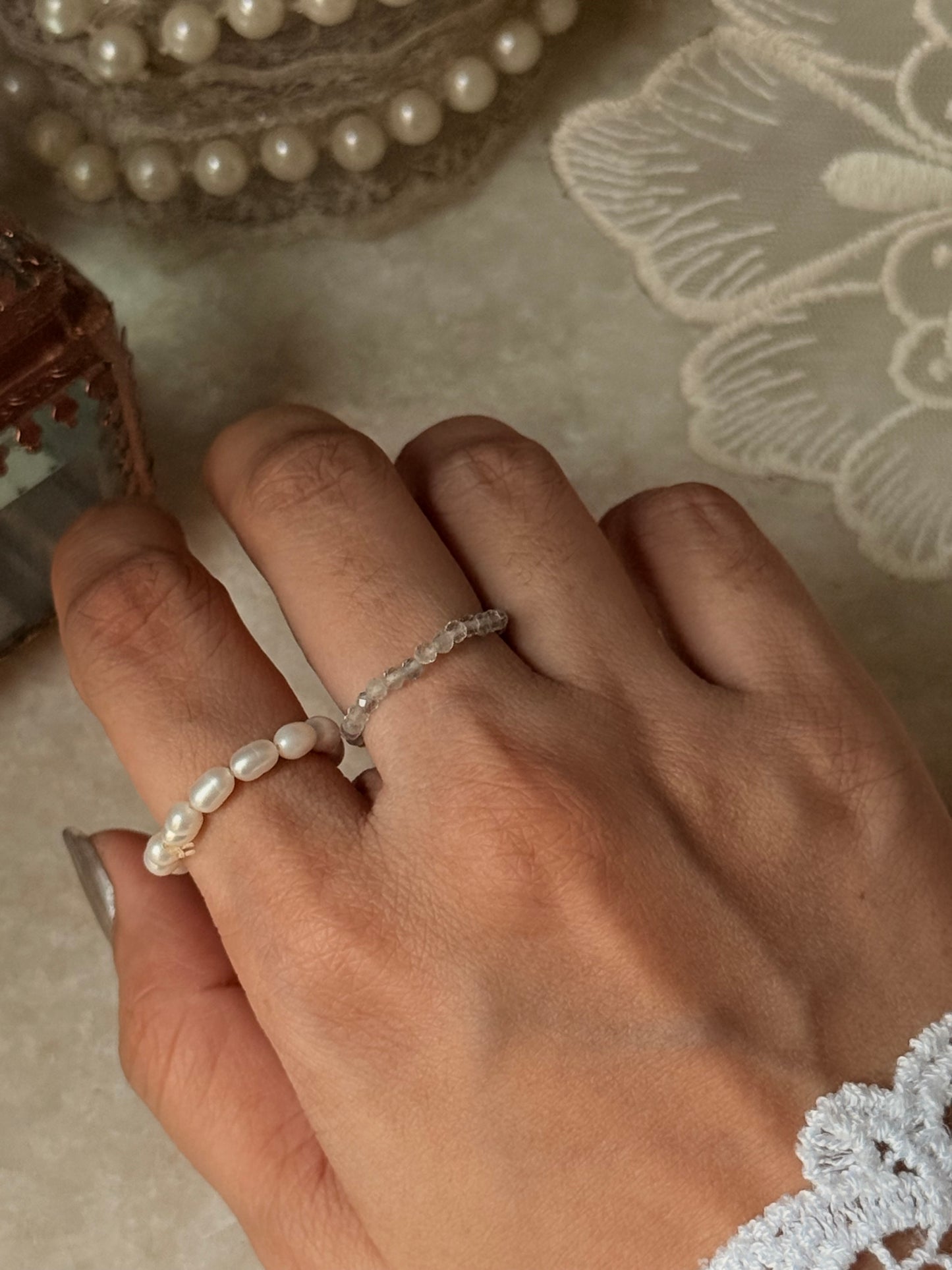 Natural Crystal Stretchy Fresh Water Pearl & Fluorite Rings