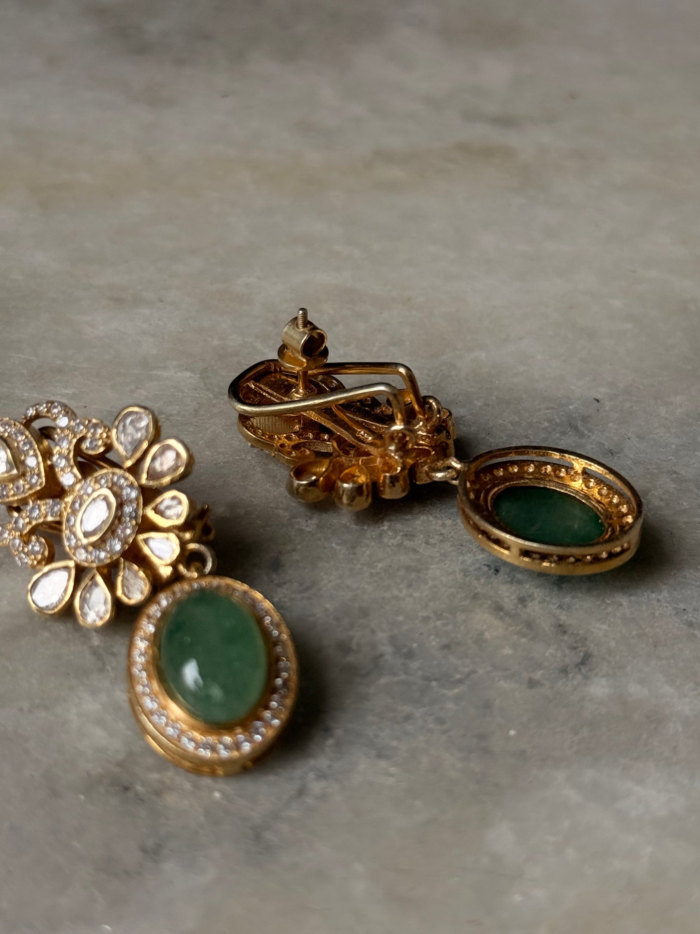925 Sterling Silver Gold Plated Antique Moissanite Polki ,Green Onyx Oval Drop Earrings