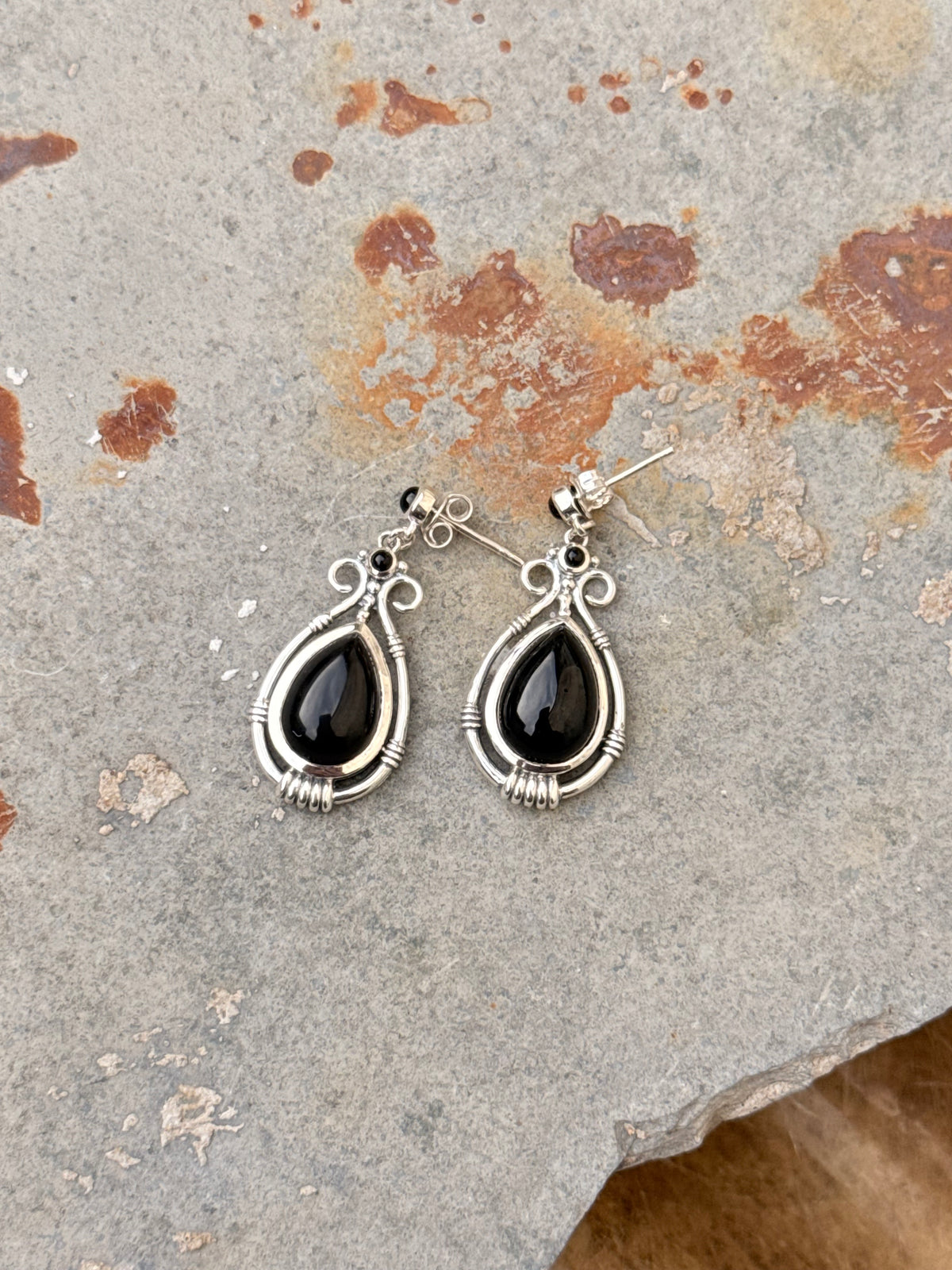 925 Sterling Silver Black Onyx Pear Gothic Handcrafted Studs Earrings
