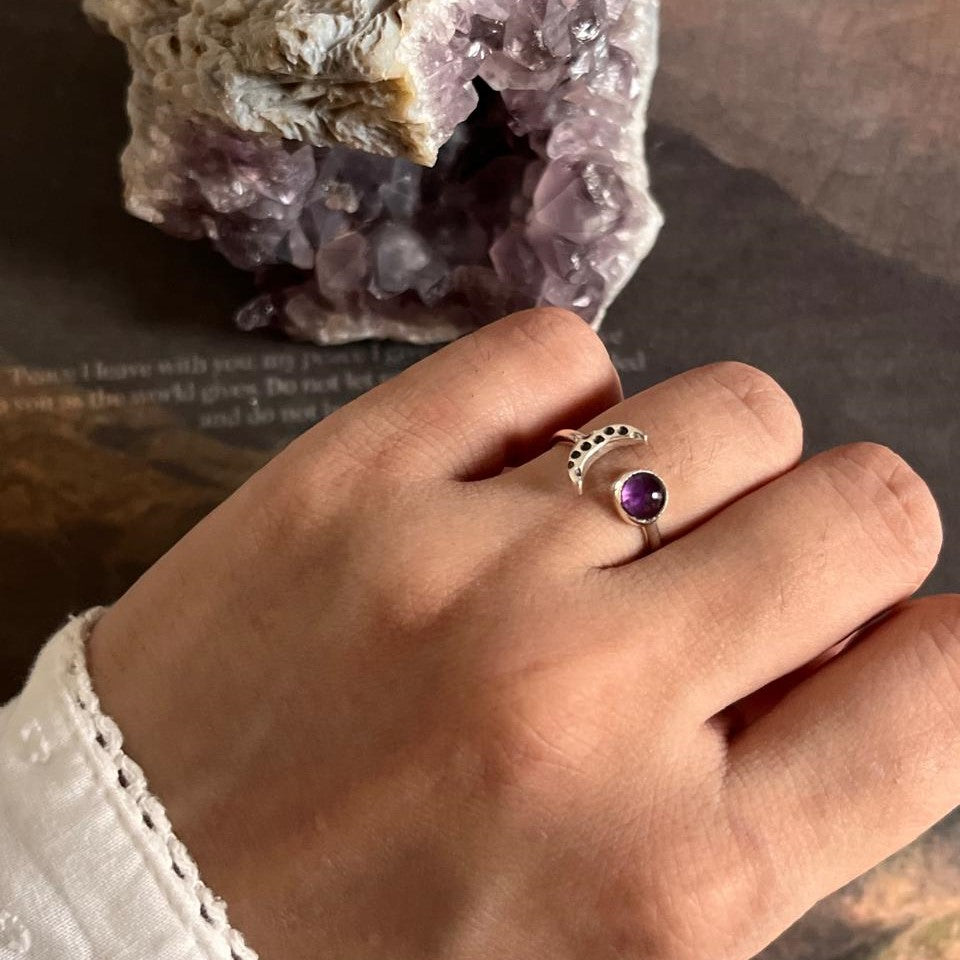 Amethyst Silver Ring with Crescent Moon for Spiritual Energy