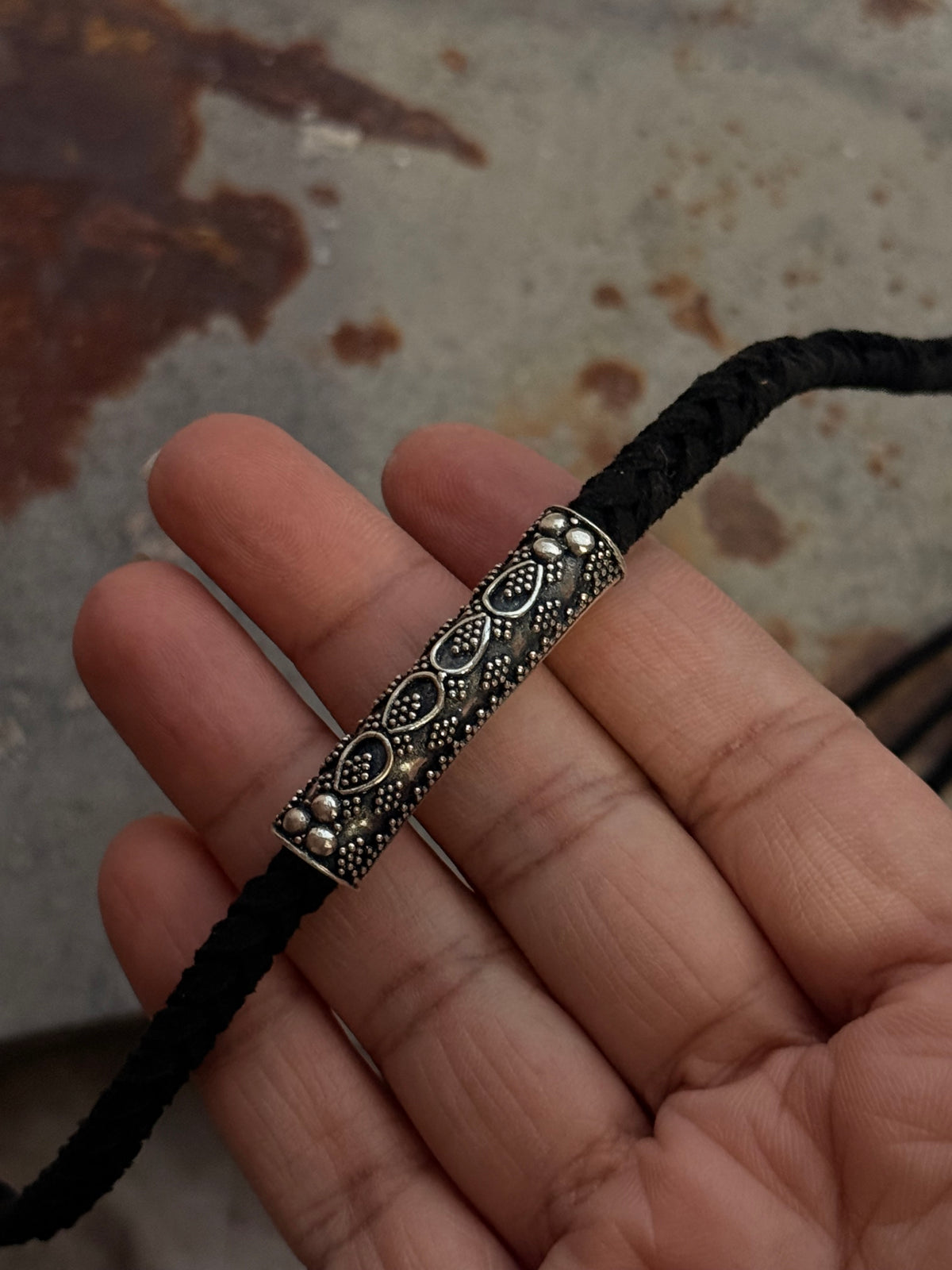 925 Sterling Silver Black Leather Cord Knot Mandali Choker Necklace