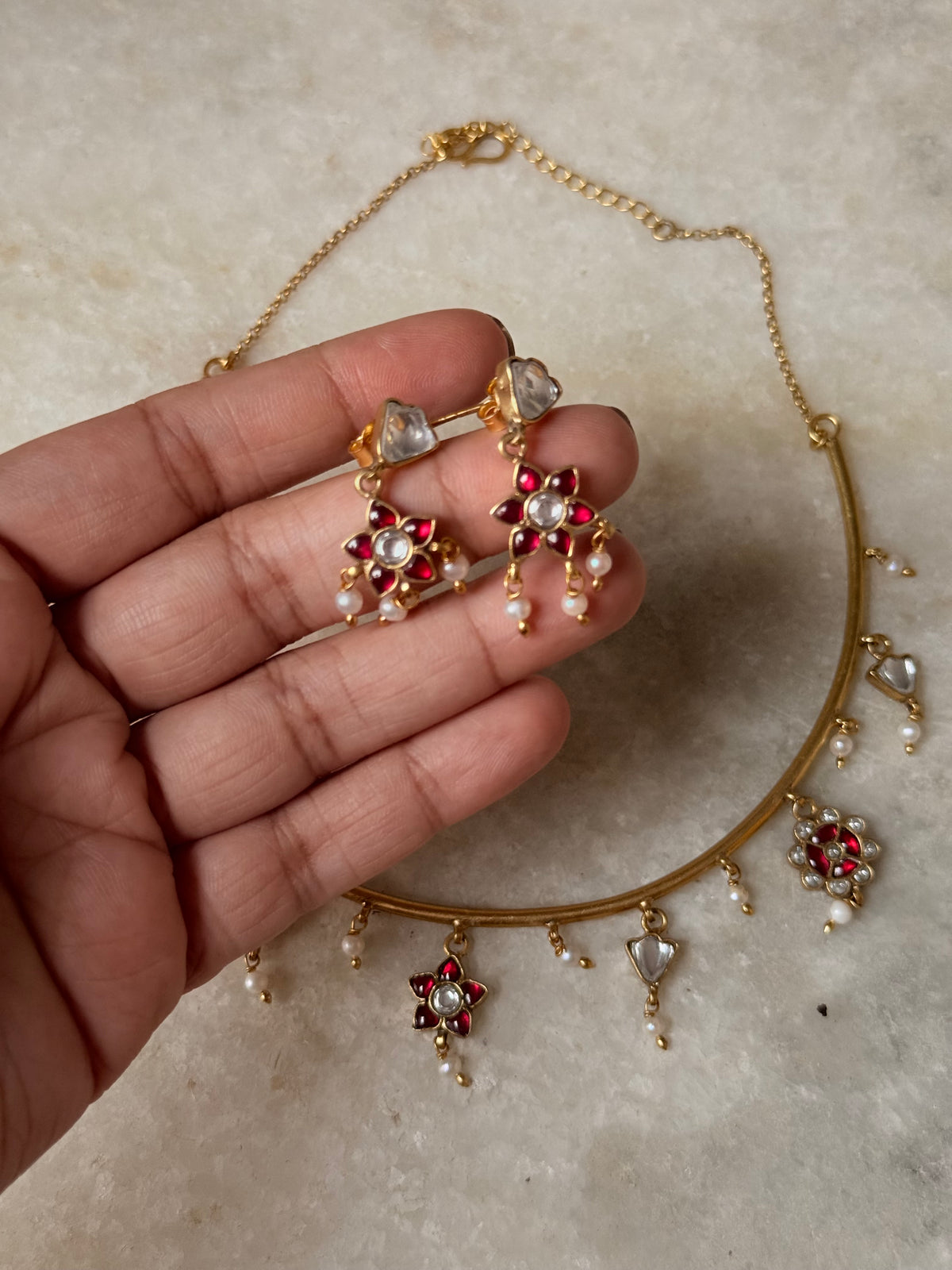 925 Sterling Silver Red Stone , Fresh Water Pearls & Kundan Polki Handcrafted Gold Plated Necklace Set