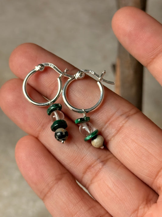 925 Sterling Silver Malachite, Quartz, Dalmation Hoops