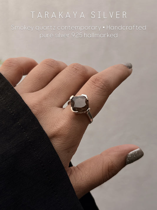 925 Sterling Silver Smokey Quartz Cushion Cut Contemporary Style Solitaire Ring
