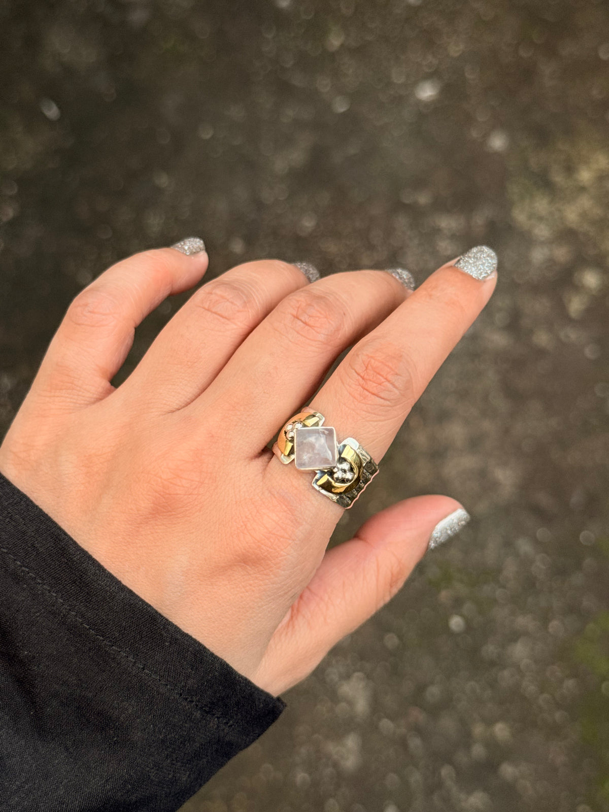 925 Sterling Silver Rose Quartz Square Dual Tone Rustic Ring