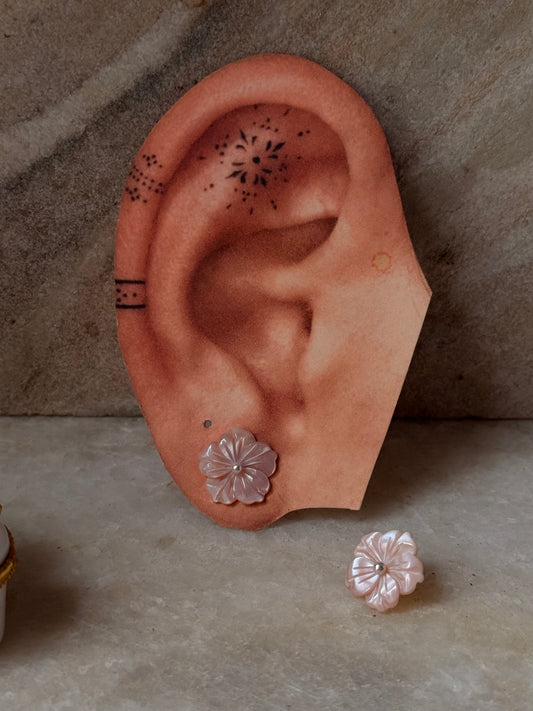 925 Sterling Silver Pink Mother Of Pearl Flowers Carved Studs