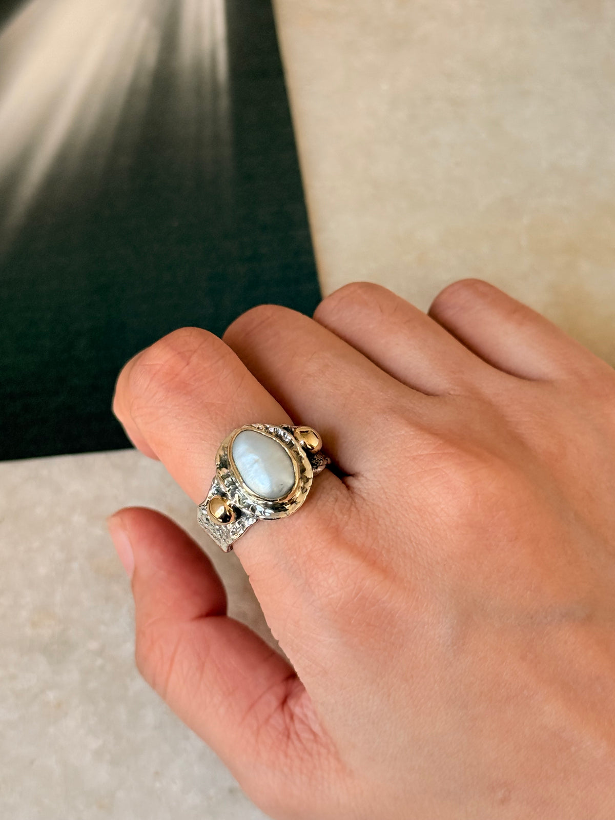925 Sterling Silver Baroque Pearl Rustic Fusion Handcrafted Ring