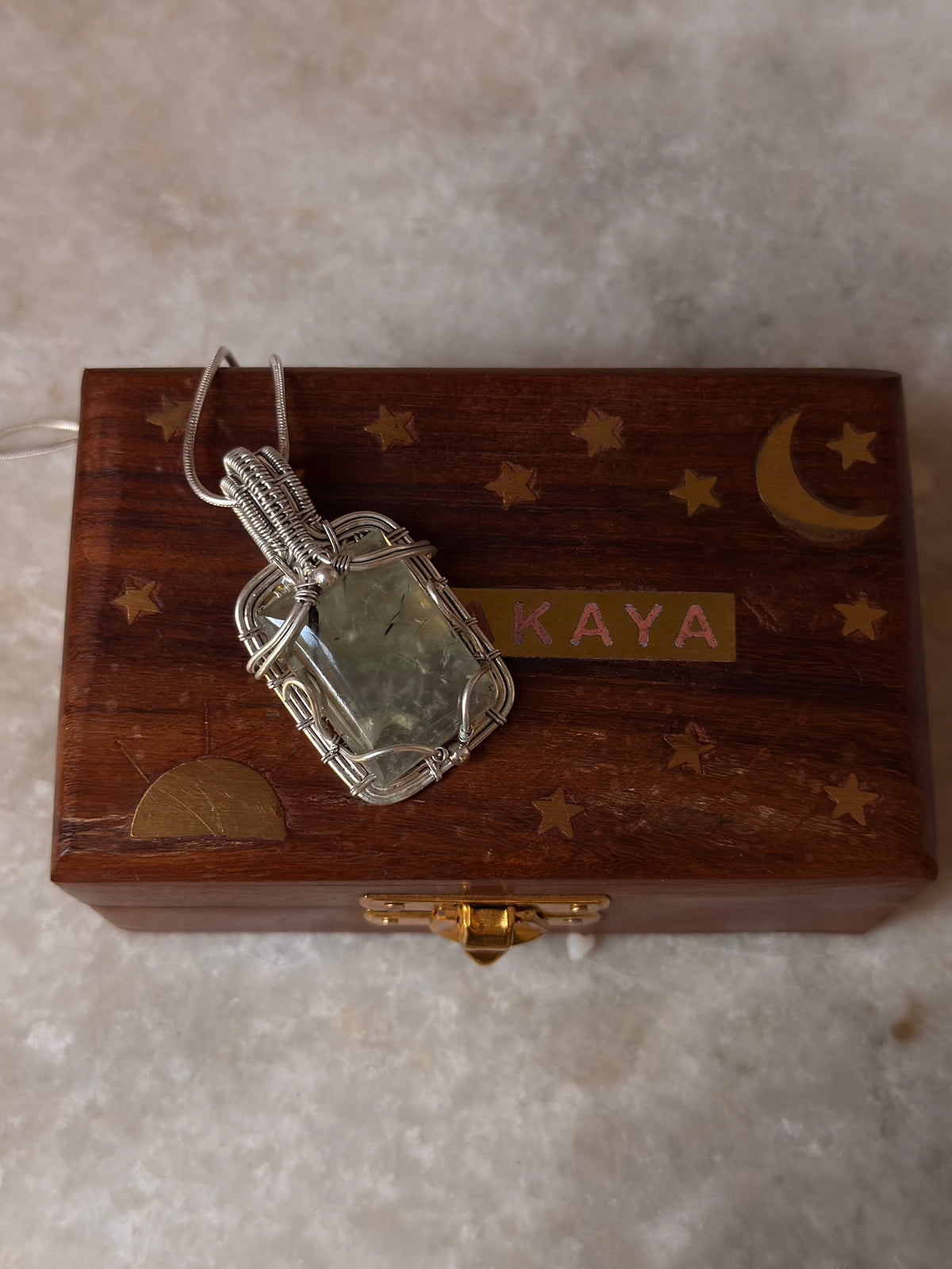 925 Sterling Silver Pherenite  Rectangle Wire Wrapped Handcrafted One of a Kind Pendant