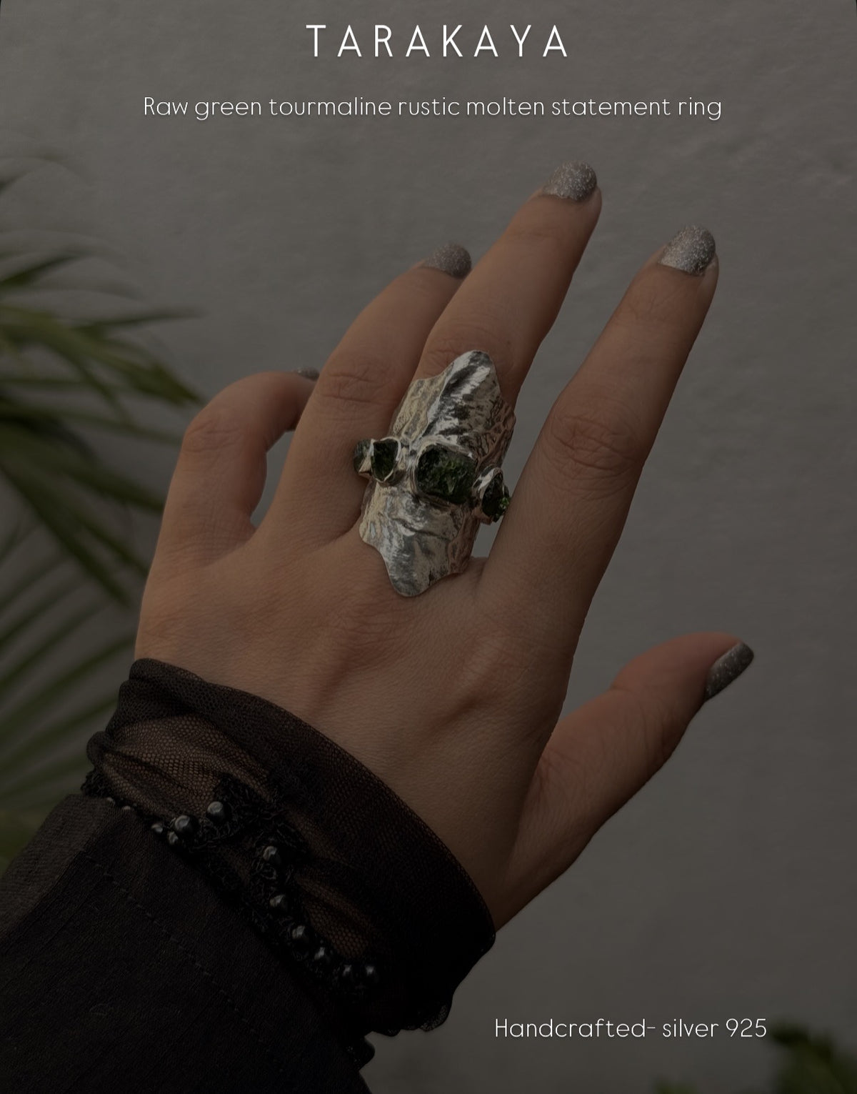 925 Sterling Silver Green Tourmaline Raw Uncut Molten Textured Ring