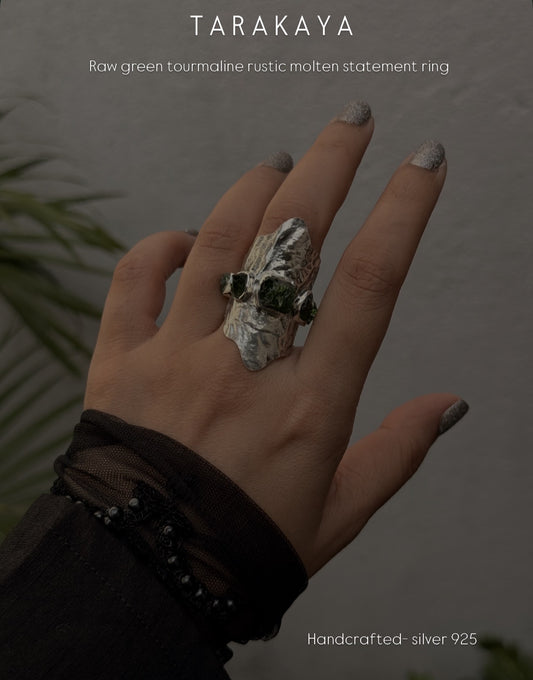 925 Sterling Silver Green Tourmaline Raw Uncut Molten Textured Statement Handcrafted Ring