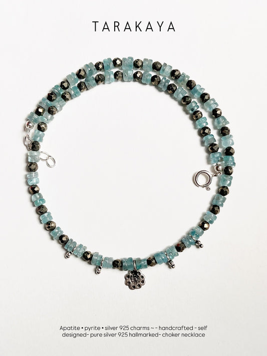 Blue Apatite & Pyrite Silver Charms Boho Choker Handcrafted Sterling Silver 925 Necklace