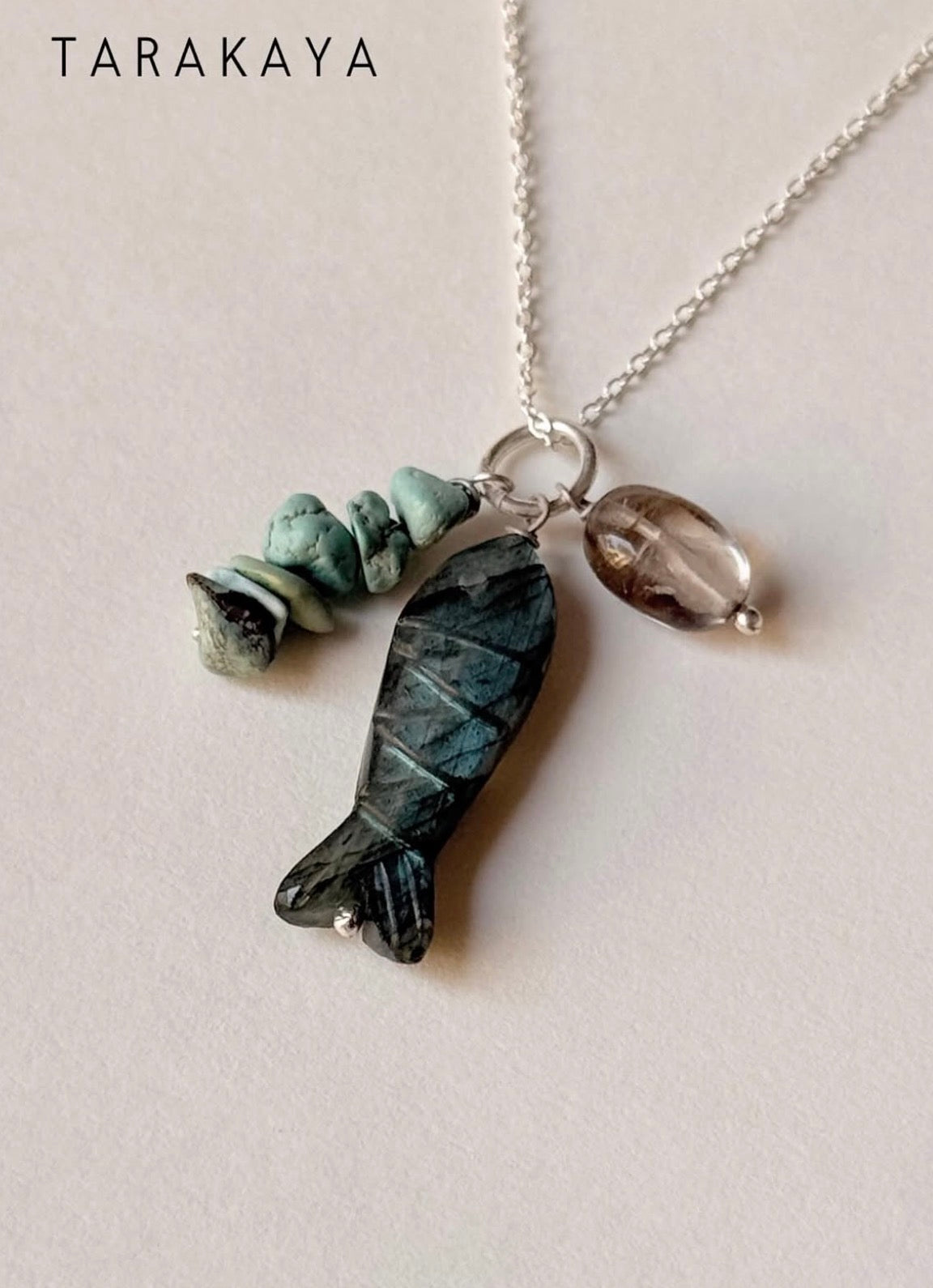 925 Sterling Silver Labradorite Fish, Turquoise Chips & Golden Rutilated Quartz Handcrafted Necklace