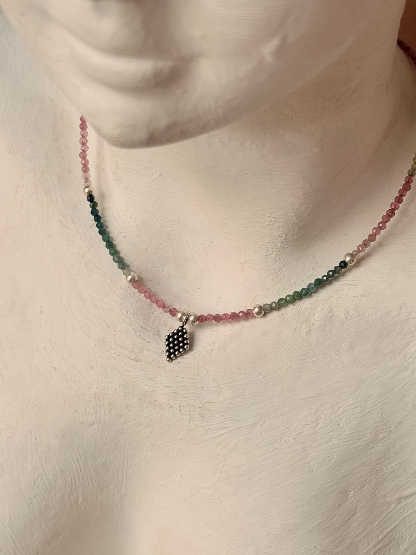 Multi Tourmaline 2mm Tribal Rawa Charm & Silver Balls 925 Sterling Silver Necklace