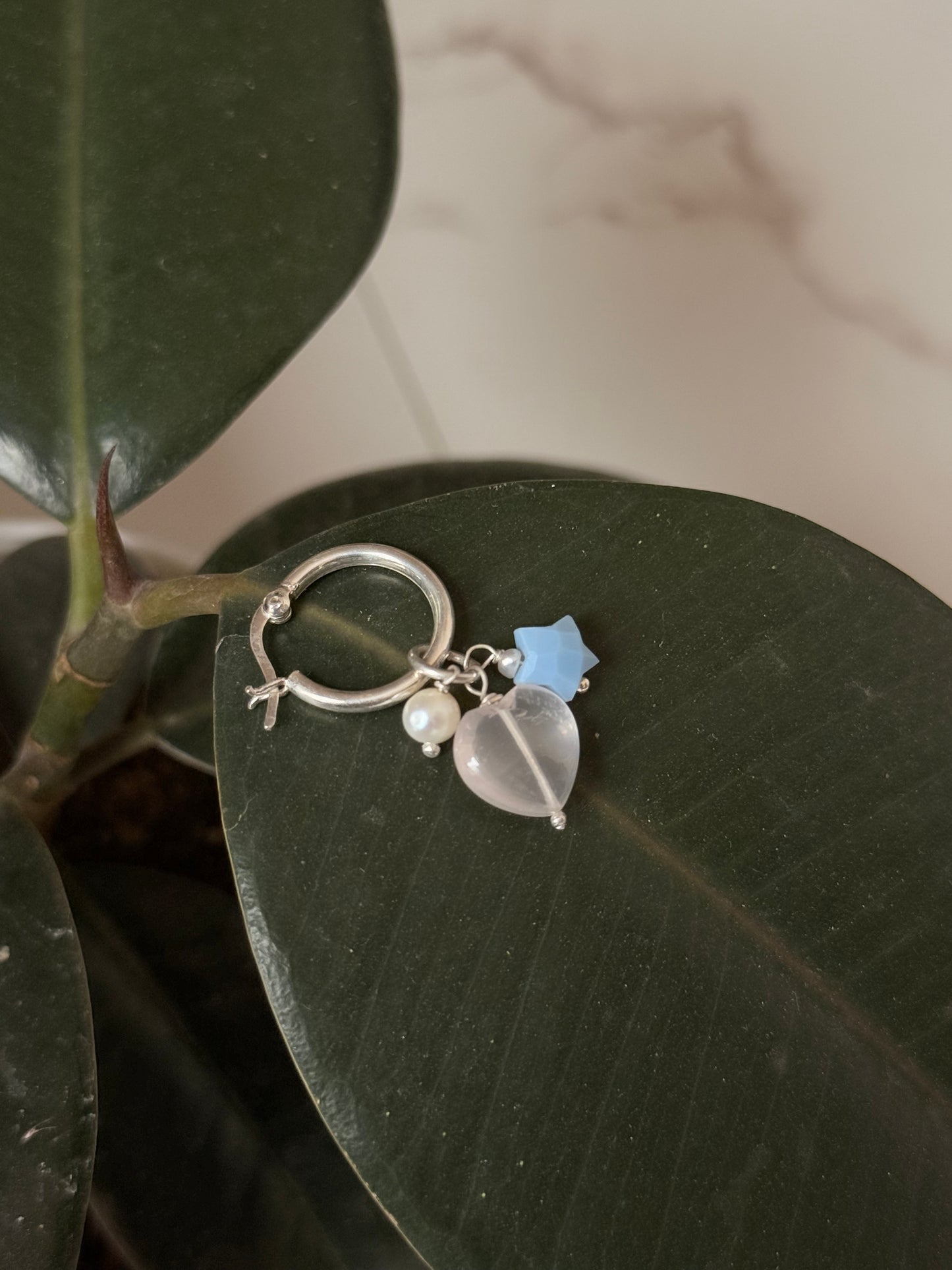 925 Sterling Silver Rose Quartz Heart, Opal Star and Fresh Water Pearl Handcrafted Hoops