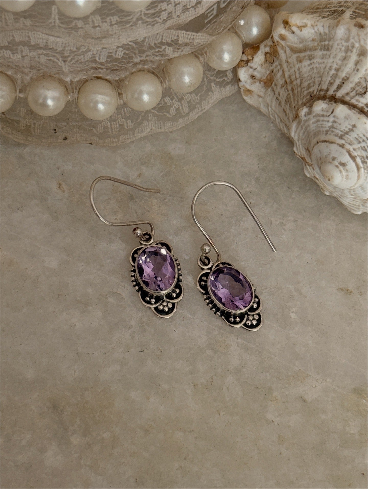 Handcrafted amethyst oval cut boho rawa sterling silver earrings