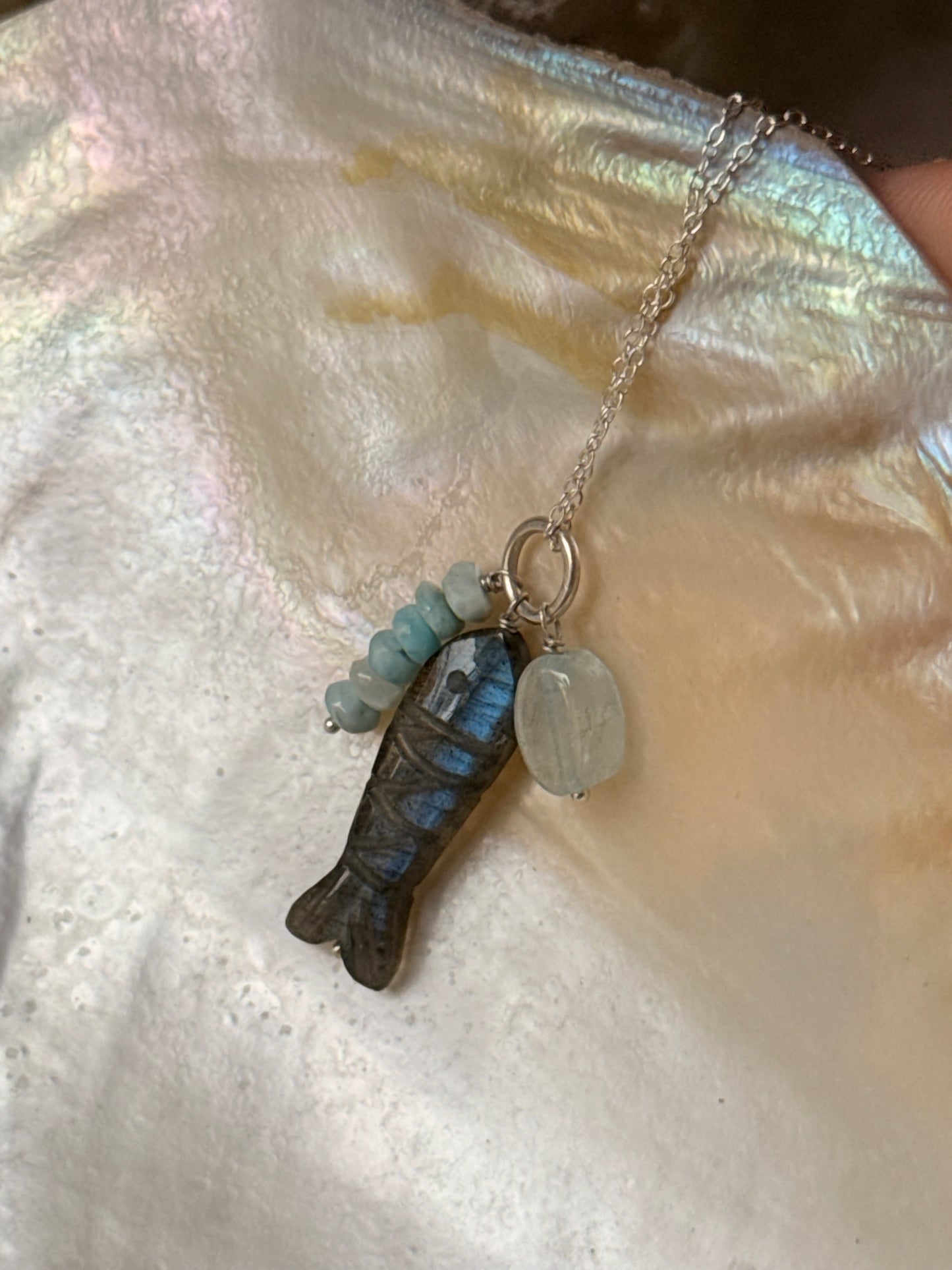 925 Sterling Silver Labradorite Fish Carved , Larimar & Aquamarine Small Tumble Charms Dainty Cable Chain Necklace