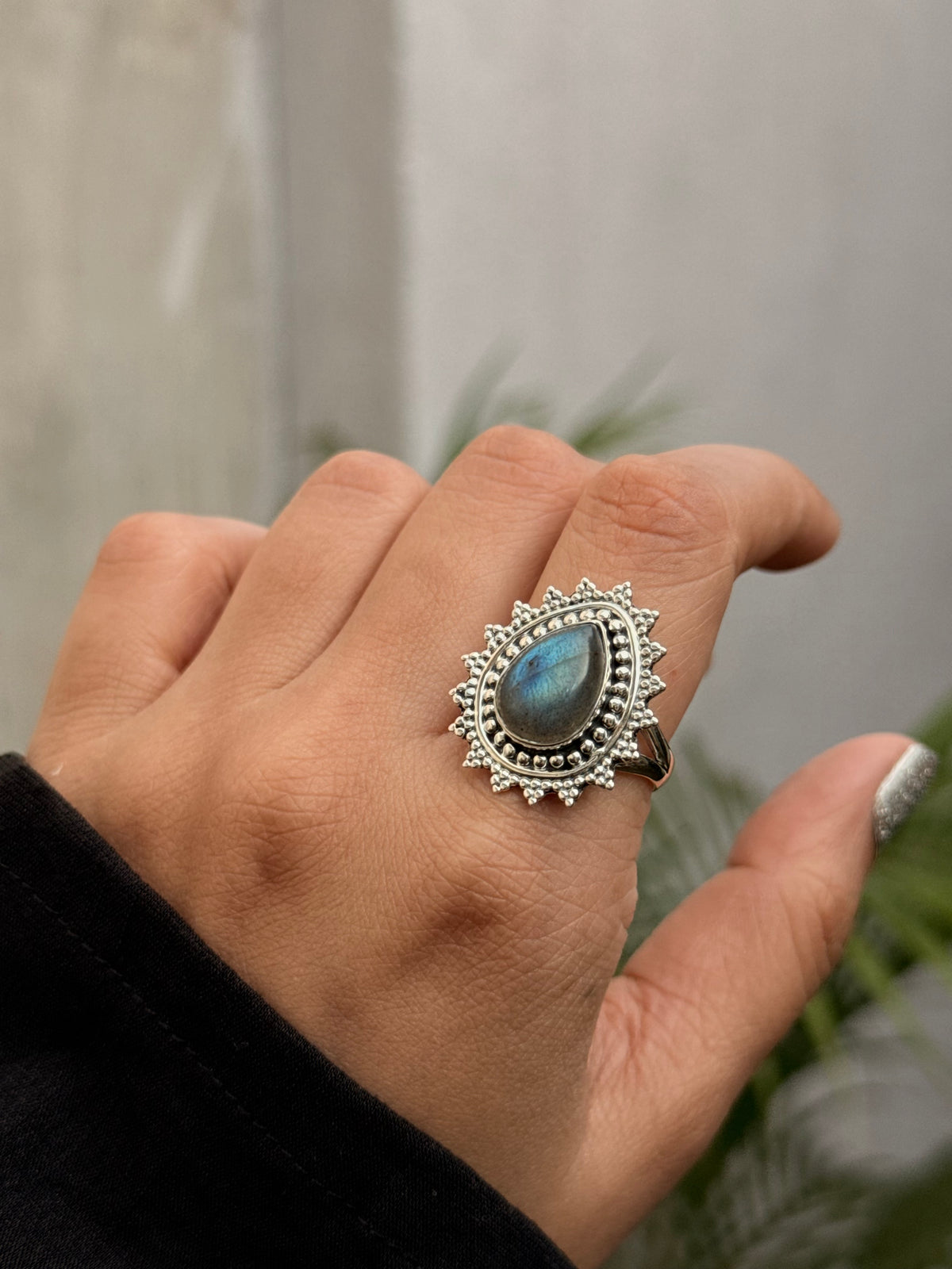 925 Sterling Silver Labradorite Pear Boho Statement Handcrafted Ring
