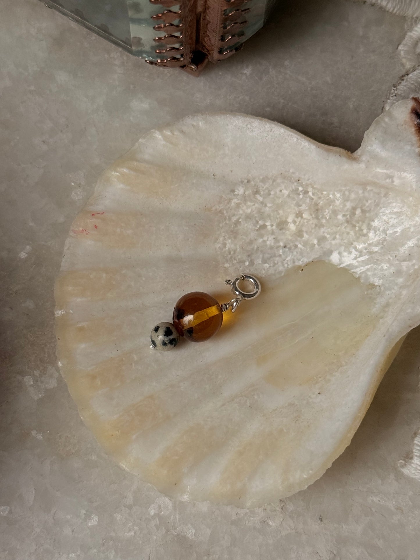 925 Sterling Silver Amber, Dalmantion jasper Crystal Charm