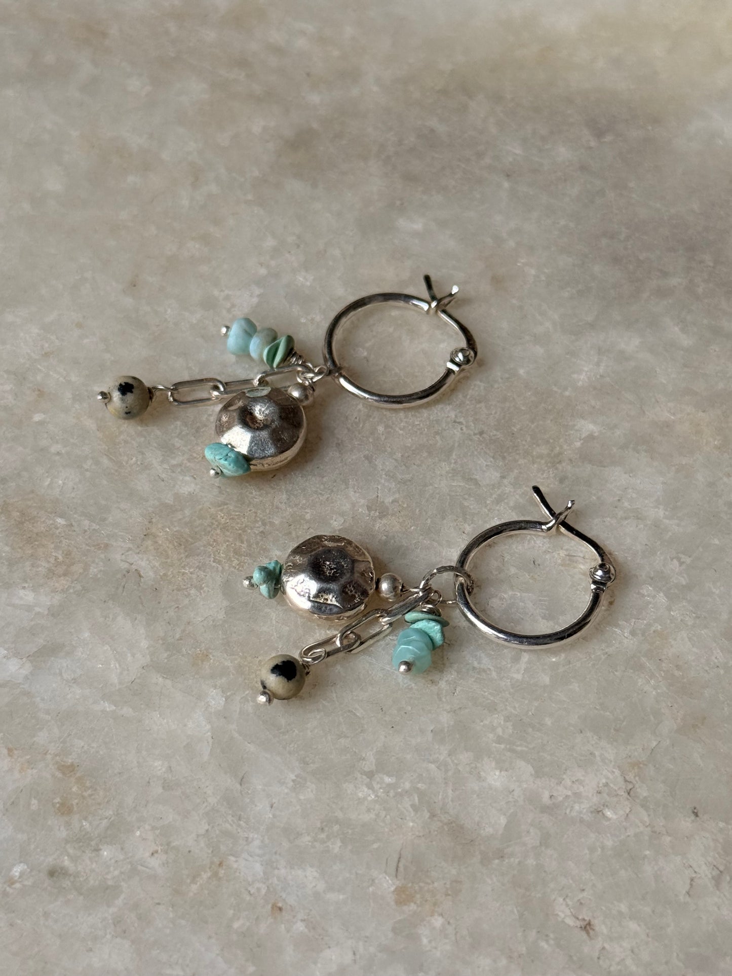 925 Sterling Silver Larimar , Turquoise , Dalmatian Jasper With Paper Clip Chain, Handcrafted Rustic Hoops Earrings