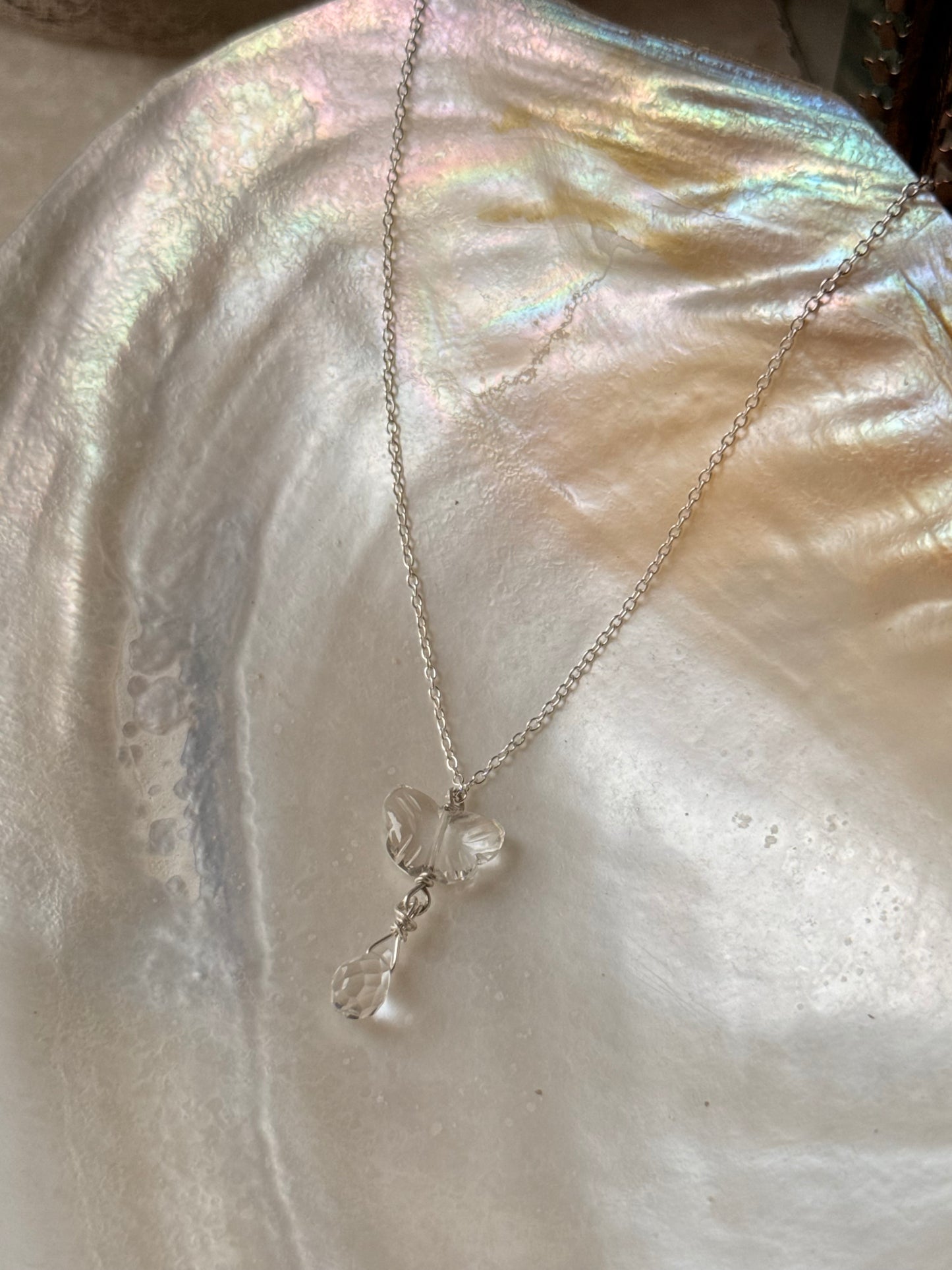 925 Sterling Silver Clear Quartz Butterfly, Clear Quartz Drop Handcrafted Necklace