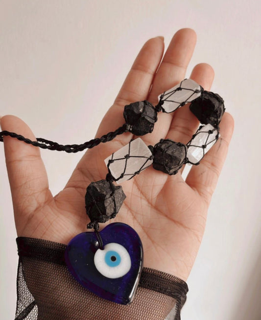 Black Tourmaline & Selenite Raw Evil Eye Hanging