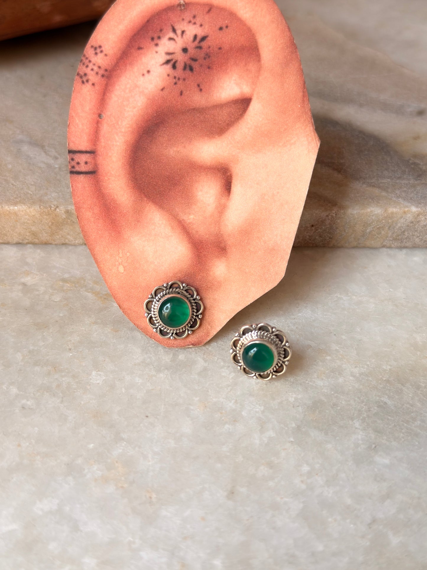925 Sterling Silver Green Onyx Floral Big Studs Earrings
