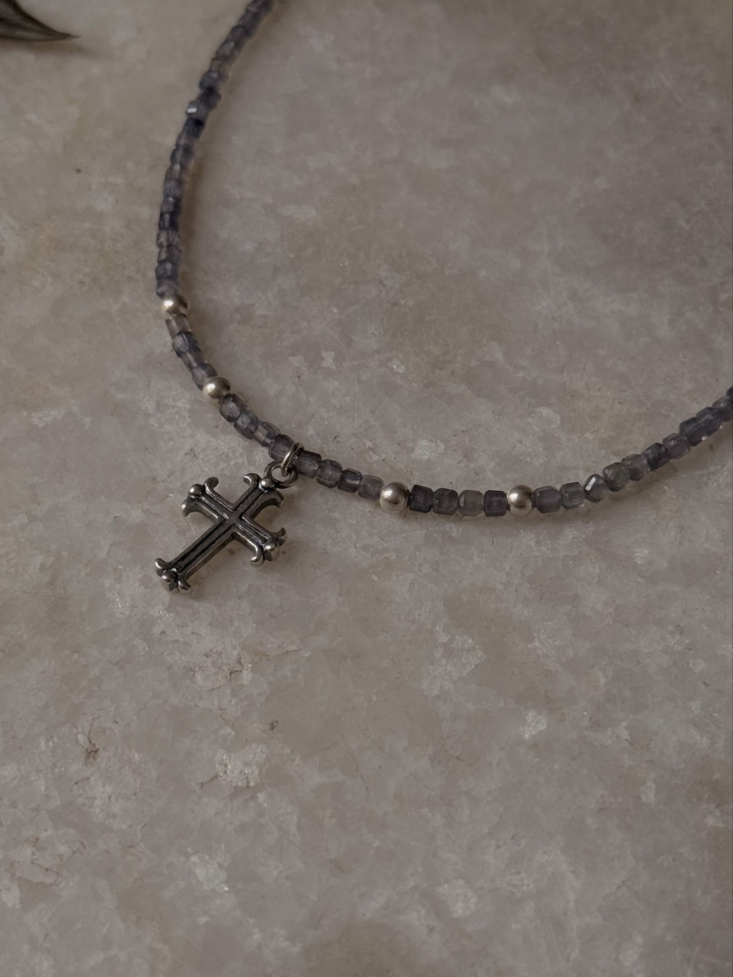 925 Sterling Silver Iolite Box 2mm Vintage Cross Charm Handcrafted Necklace