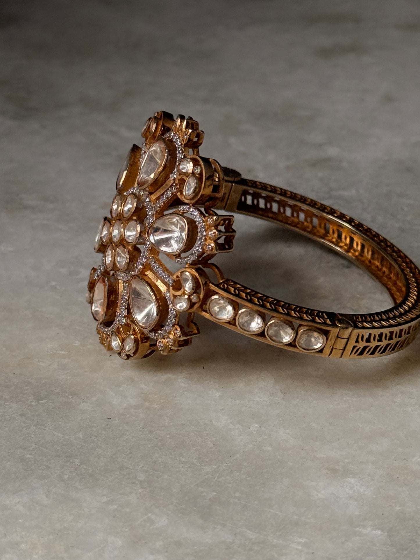 Ethnic 925 Sterling Silver Gold Plated Antique Moissanite Polki Open Cuff Bracelet