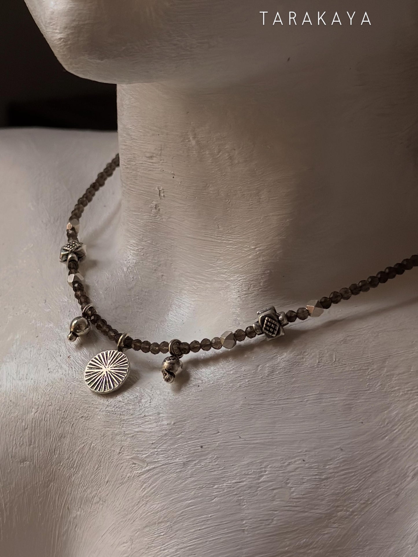 925 Sterling Silver Smokey Quartz 2mm & Hill Tribe Coin Charm & Silver Beads Handcrafted Necklace