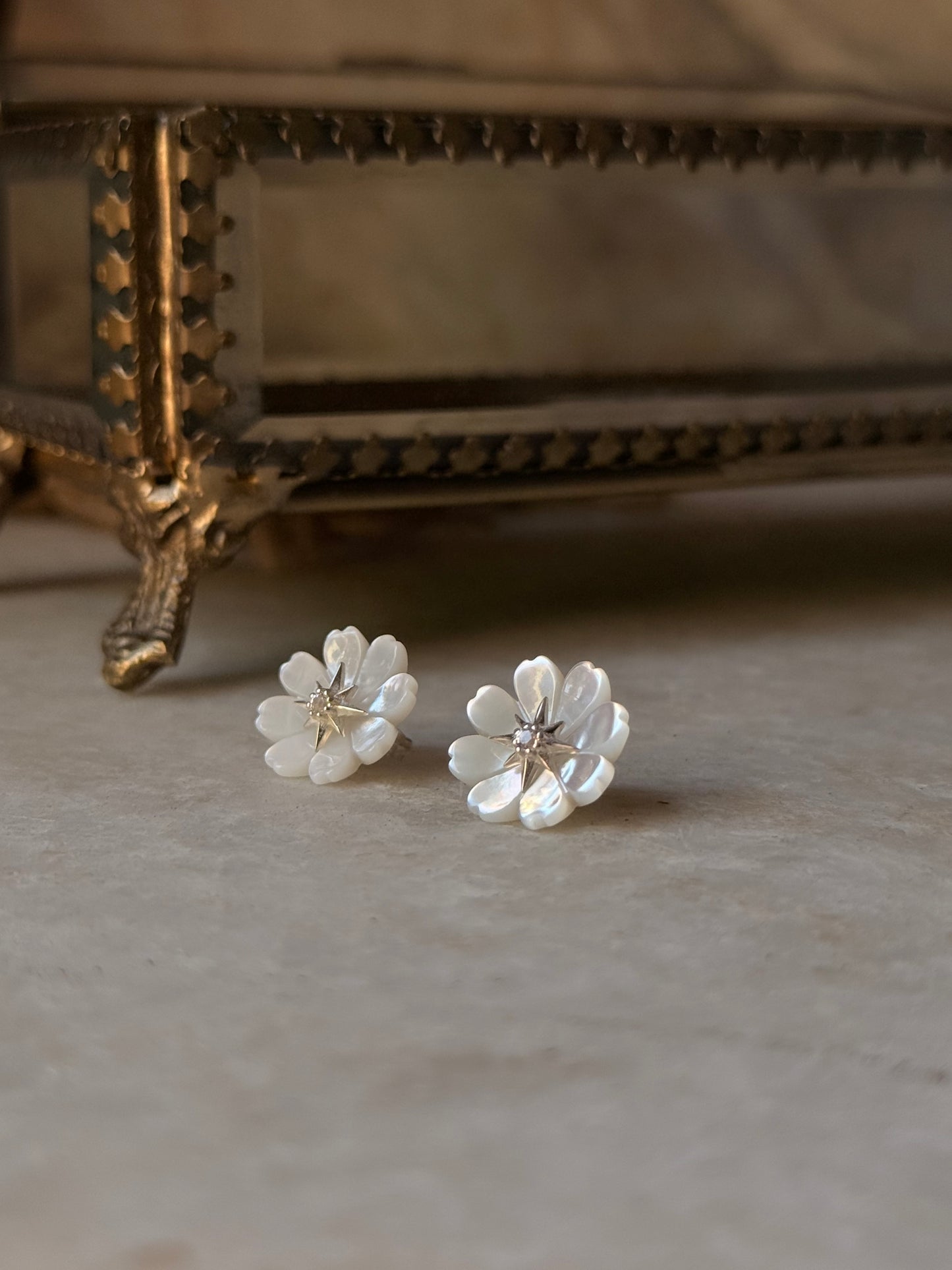 925 Sterling Silver Mother of Pearl Flower Carved , White Topaz North Star Studs - 2 in 1